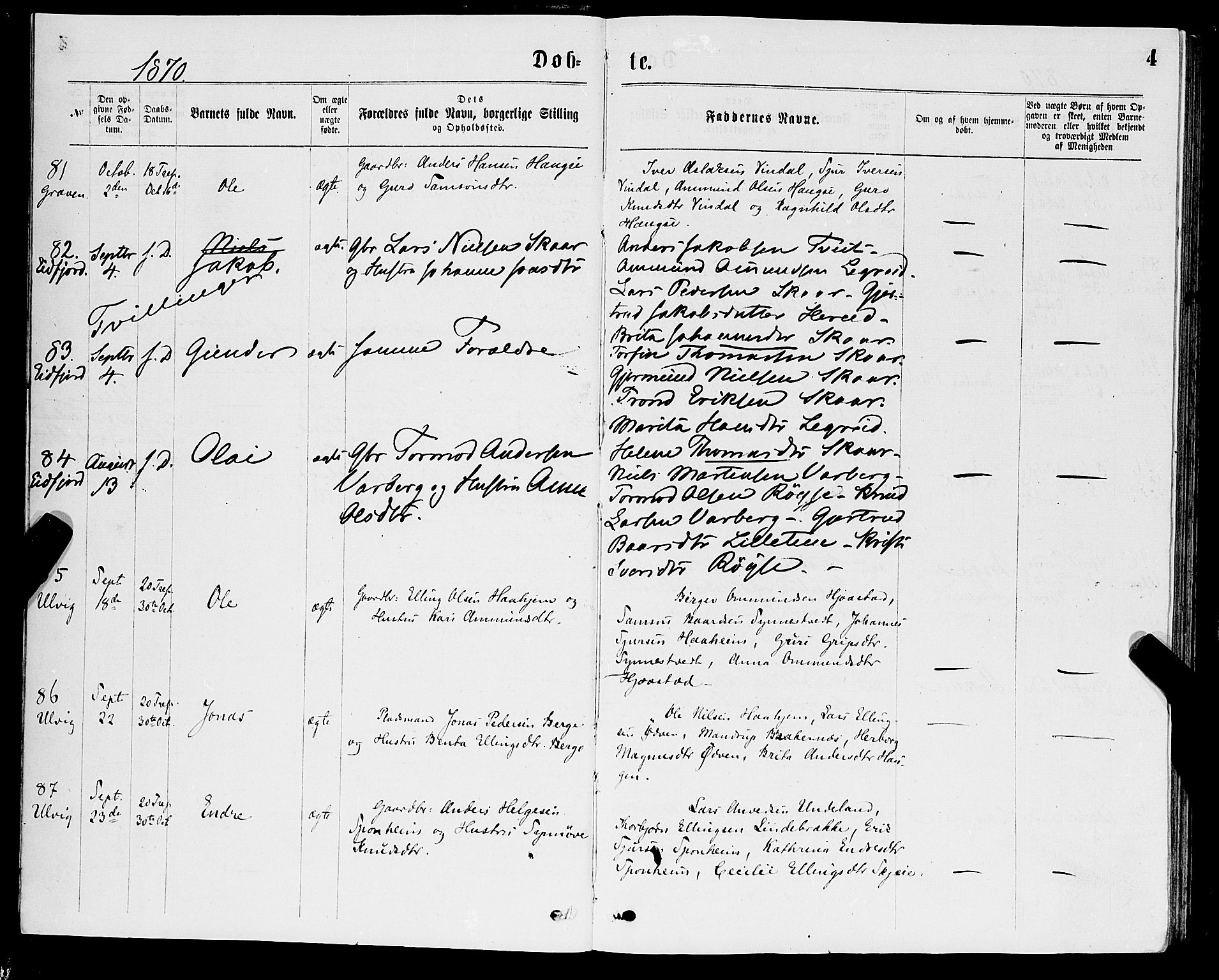 Ulvik sokneprestembete, AV/SAB-A-78801/H/Haa: Parish register (official) no. A 16, 1870-1878, p. 4