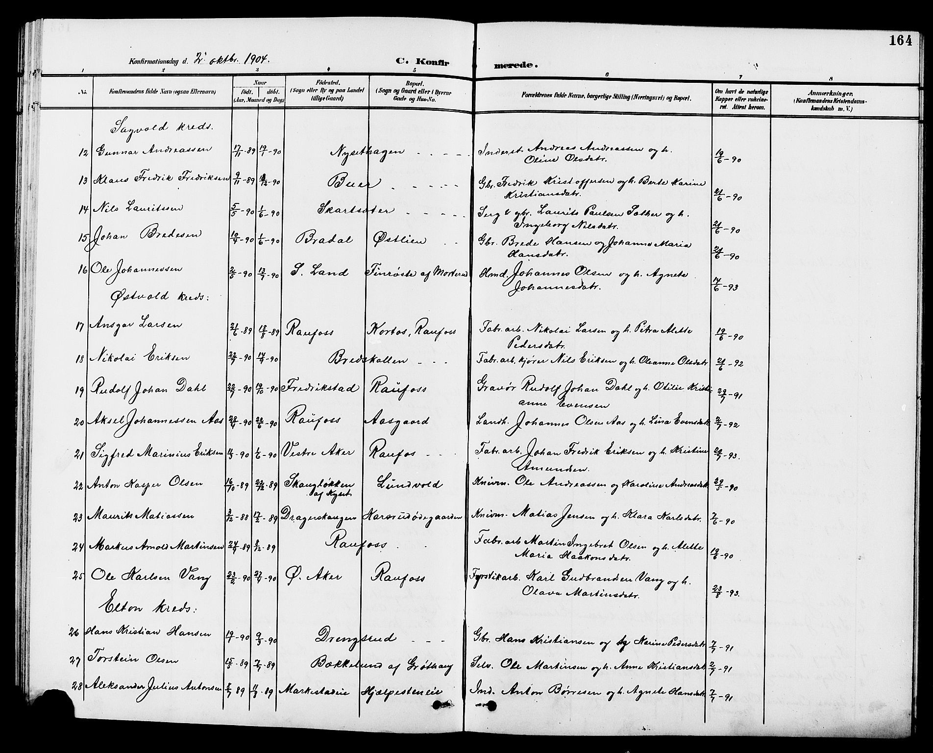 Vestre Toten prestekontor, SAH/PREST-108/H/Ha/Hab/L0010: Parish register (copy) no. 10, 1900-1912, p. 164