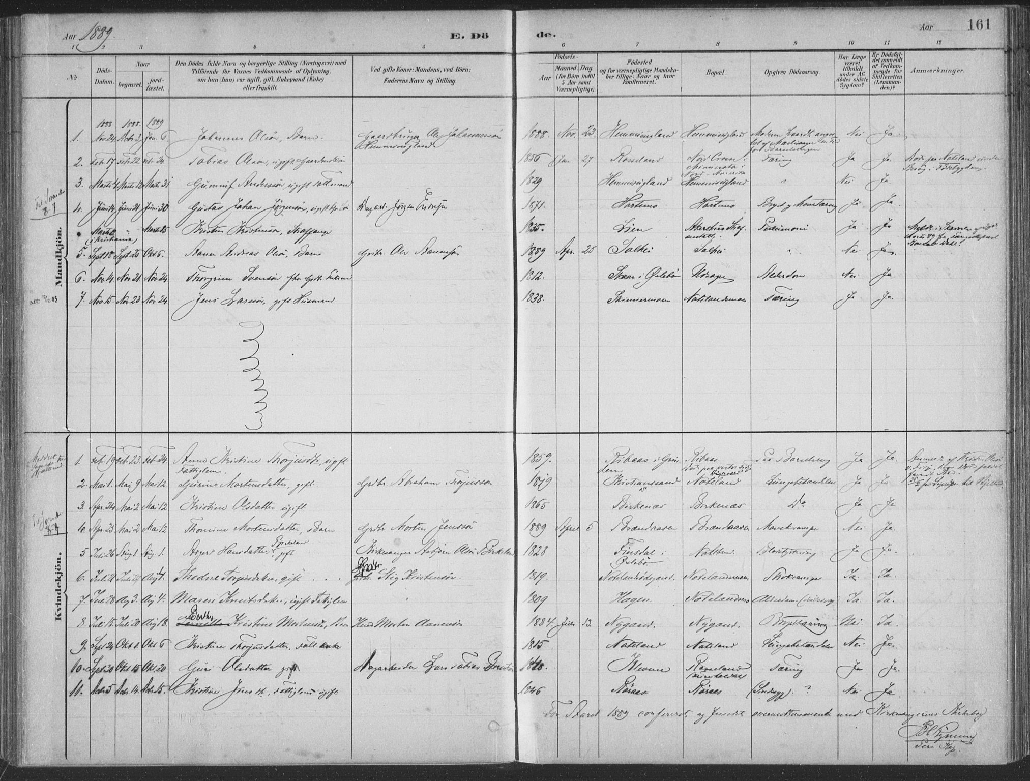 Søgne sokneprestkontor, SAK/1111-0037/F/Fa/Faa/L0003: Parish register (official) no. A 3, 1883-1910, p. 161