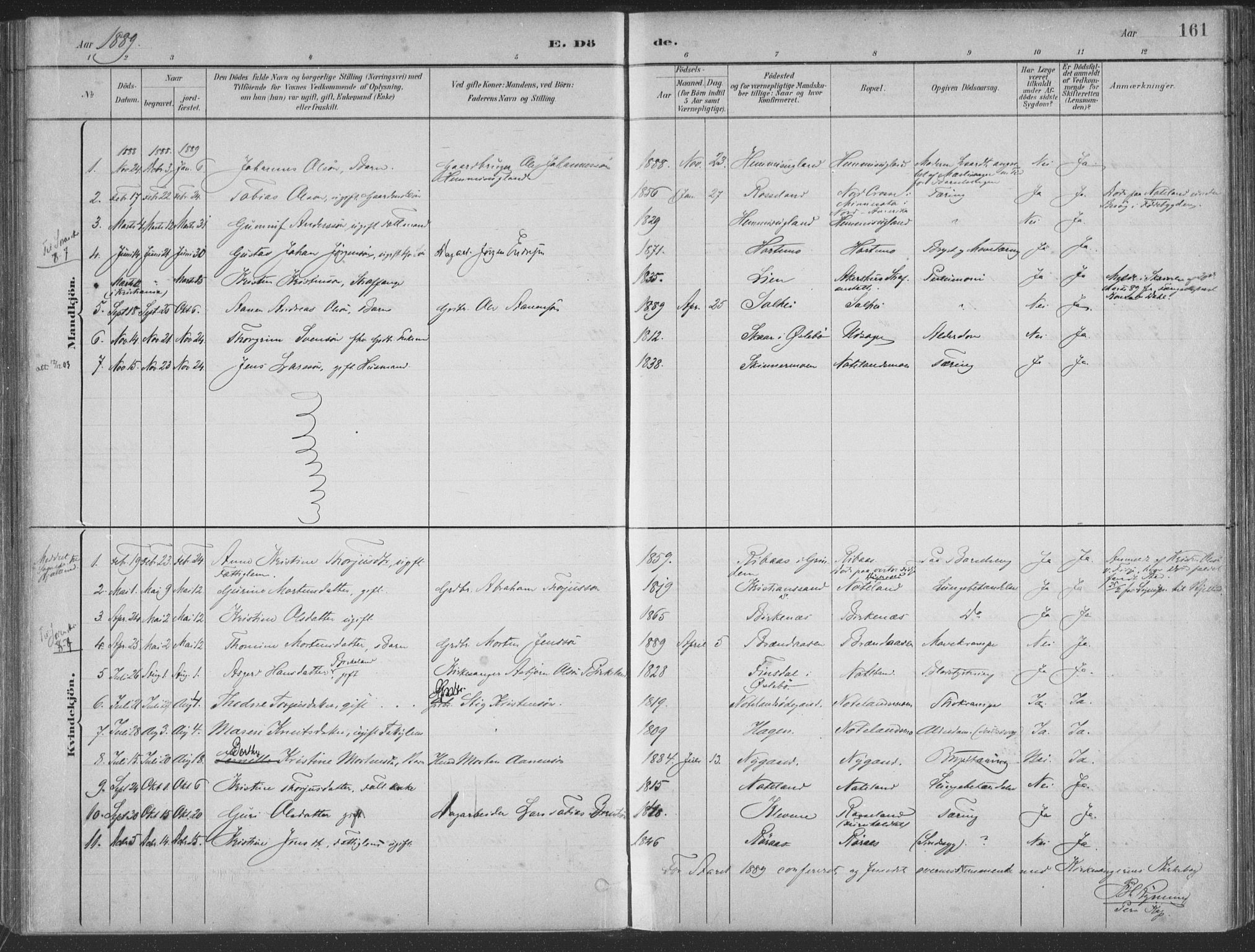 Søgne sokneprestkontor, AV/SAK-1111-0037/F/Fa/Faa/L0003: Parish register (official) no. A 3, 1883-1910, p. 161