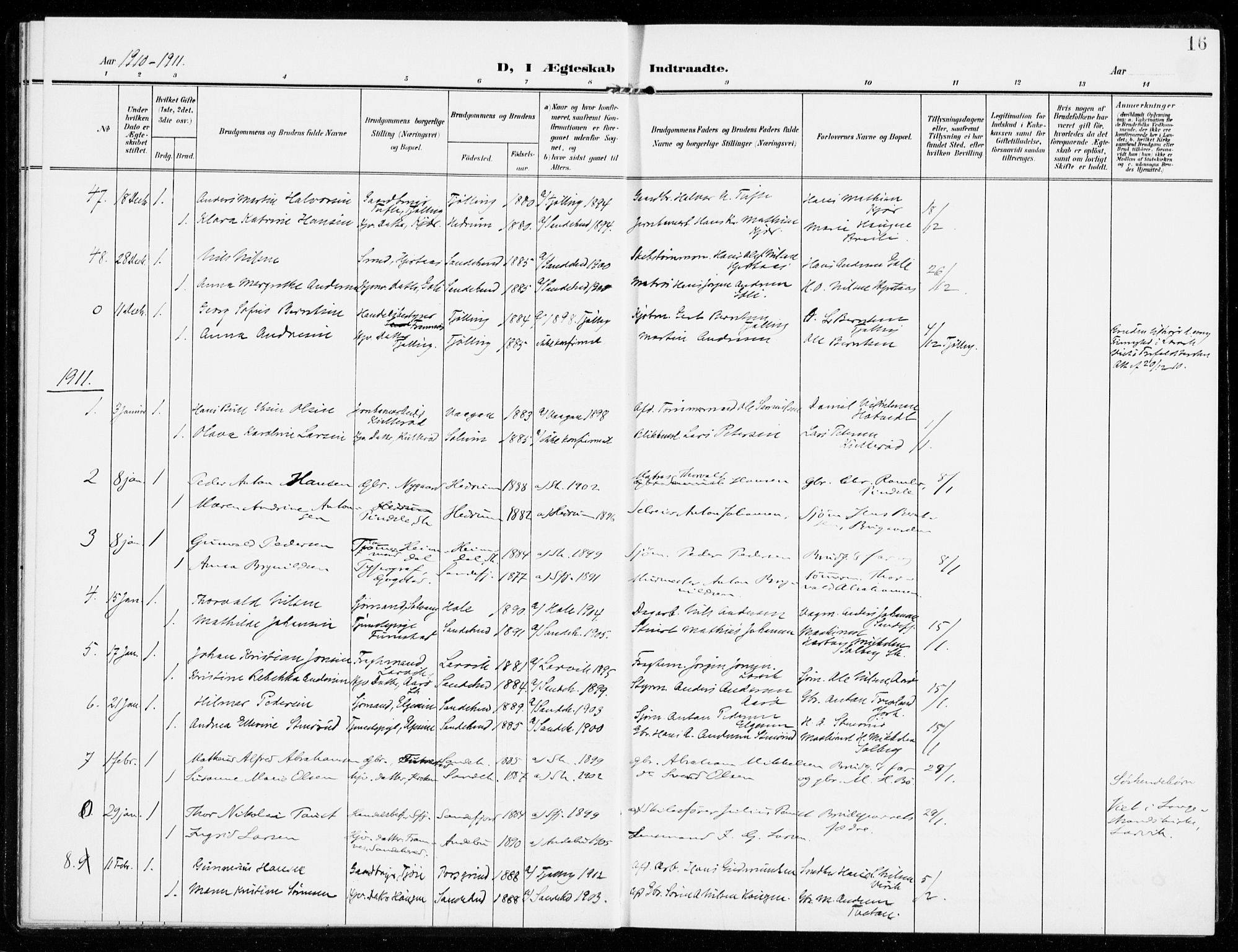 Sandar kirkebøker, SAKO/A-243/F/Fa/L0019: Parish register (official) no. 19, 1908-1914, p. 16