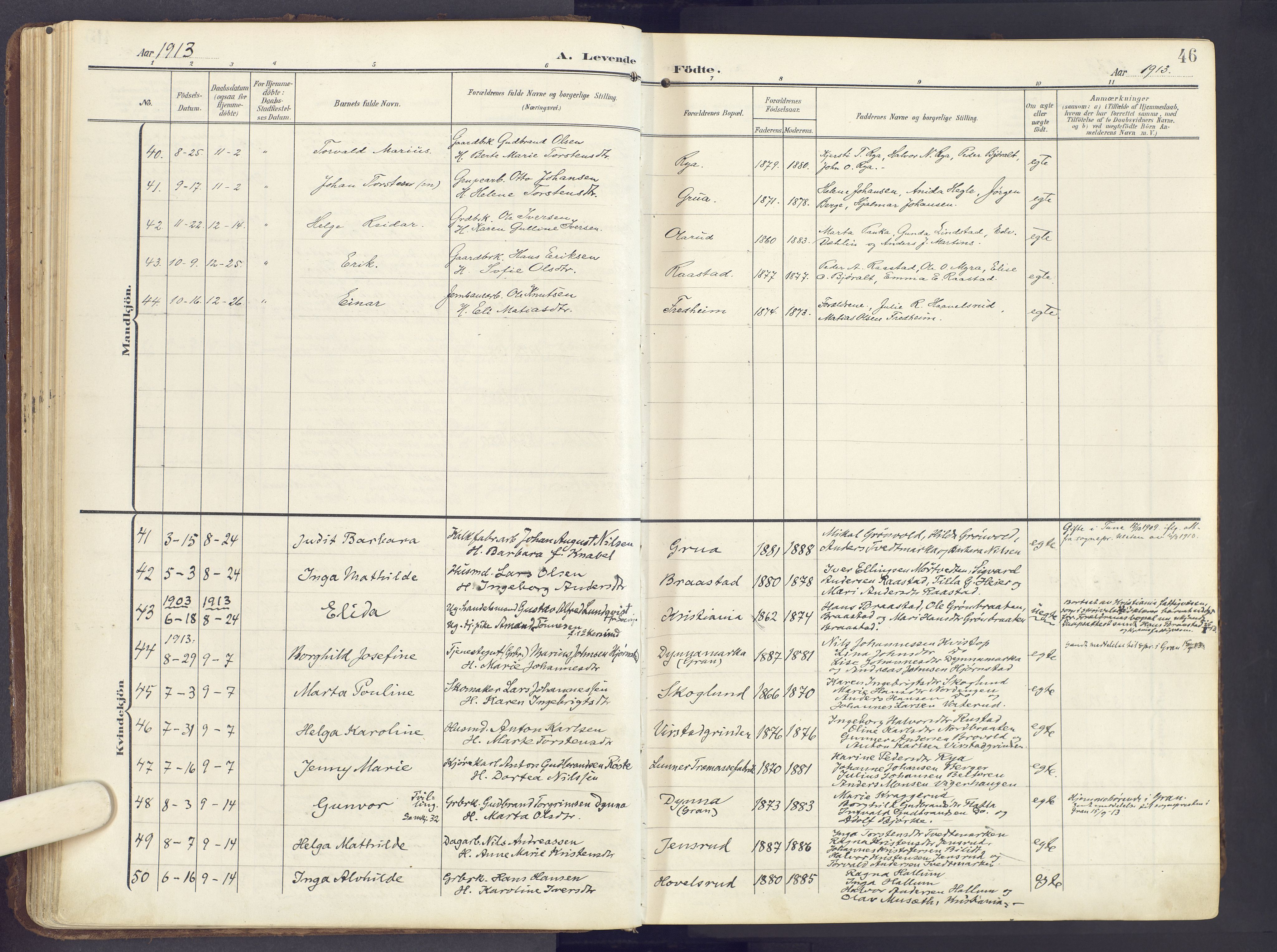 Lunner prestekontor, AV/SAH-PREST-118/H/Ha/Haa/L0001: Parish register (official) no. 1, 1907-1922, p. 46