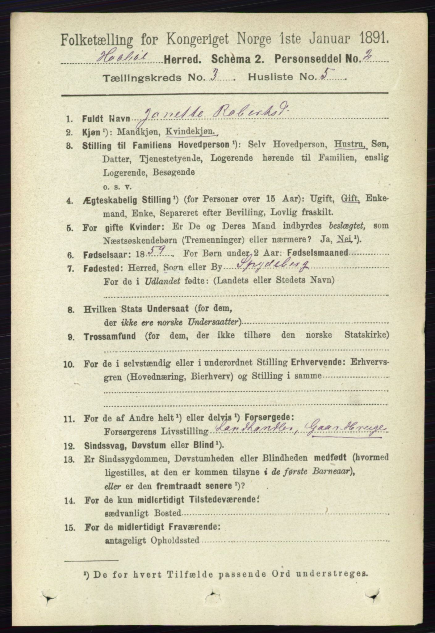 RA, 1891 census for 0138 Hobøl, 1891, p. 1734