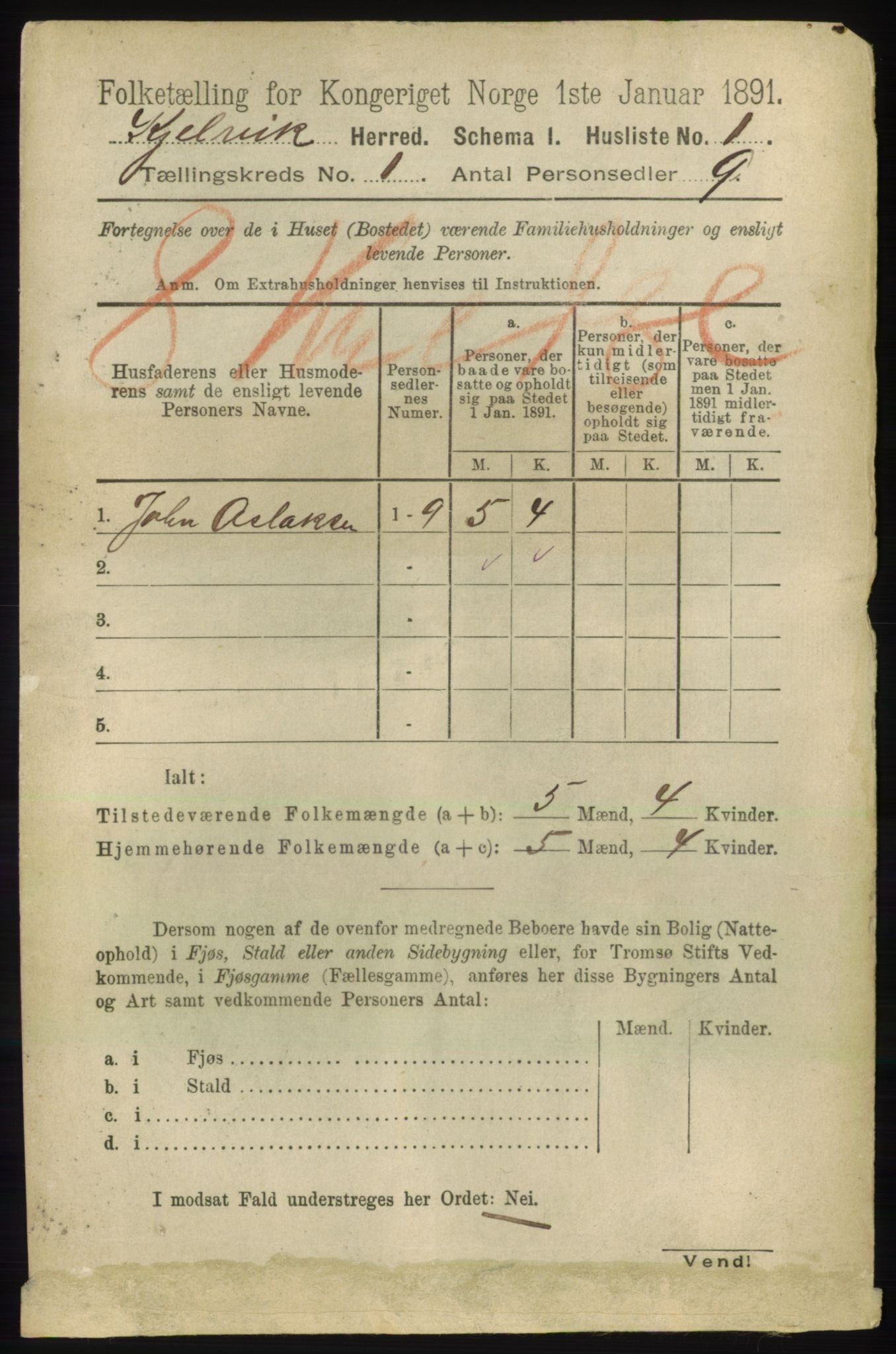 RA, 1891 census for 2019 Kjelvik, 1891, p. 26