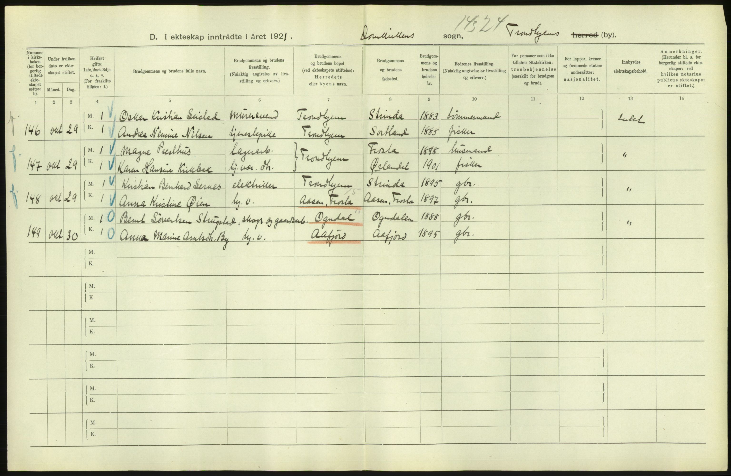 Statistisk sentralbyrå, Sosiodemografiske emner, Befolkning, AV/RA-S-2228/D/Df/Dfc/Dfca/L0045: Trondheim: Levendefødte menn og kvinner, gifte., 1921, p. 56