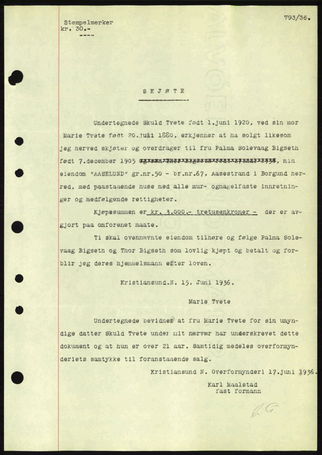 Nordre Sunnmøre sorenskriveri, AV/SAT-A-0006/1/2/2C/2Ca: Mortgage book no. A1, 1936-1936, Diary no: : 793/1936