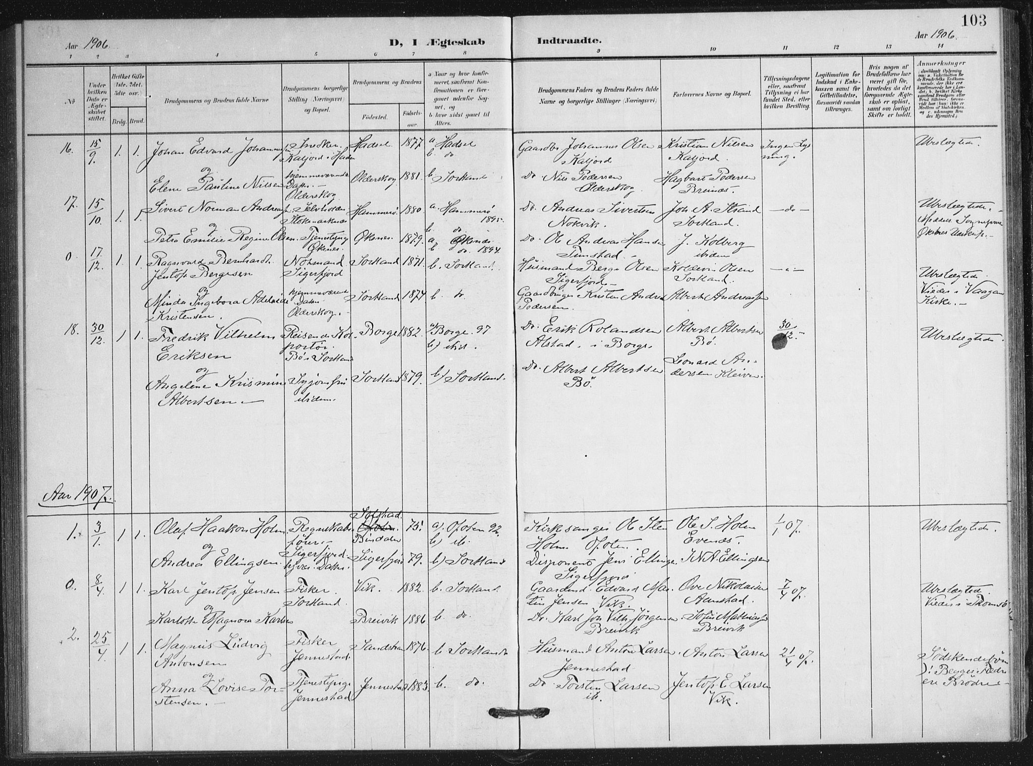 Ministerialprotokoller, klokkerbøker og fødselsregistre - Nordland, AV/SAT-A-1459/895/L1373: Parish register (official) no. 895A08, 1905-1915, p. 103