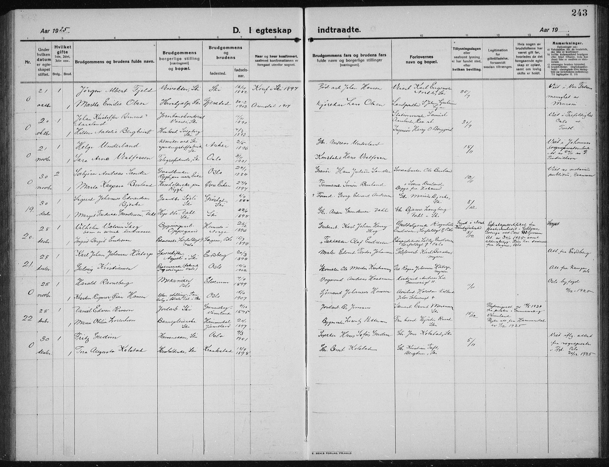 Kråkstad prestekontor Kirkebøker, SAO/A-10125a/G/Gb/L0002: Parish register (copy) no. II 2, 1921-1941, p. 243