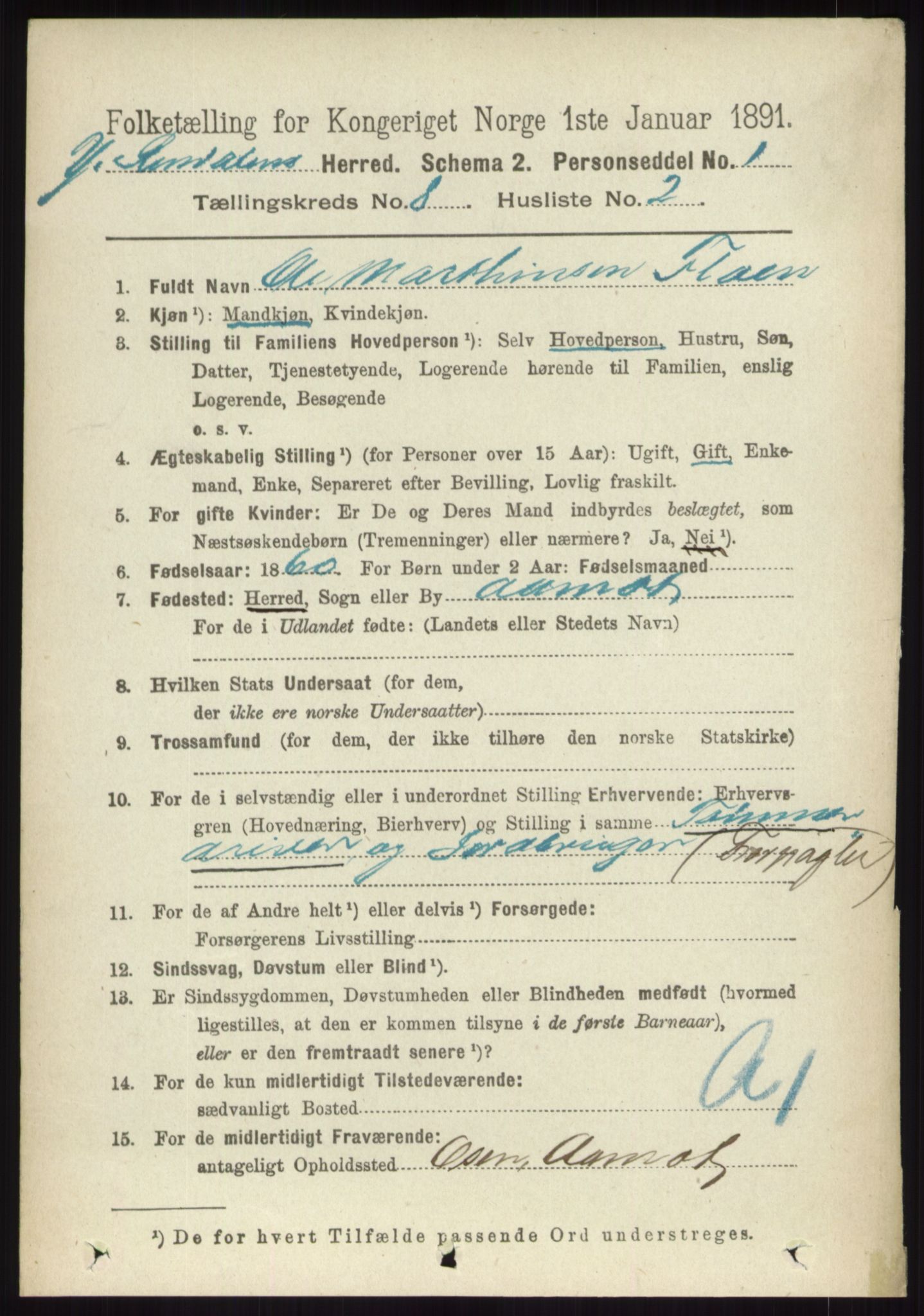 RA, 1891 census for 0432 Ytre Rendal, 1891, p. 2103