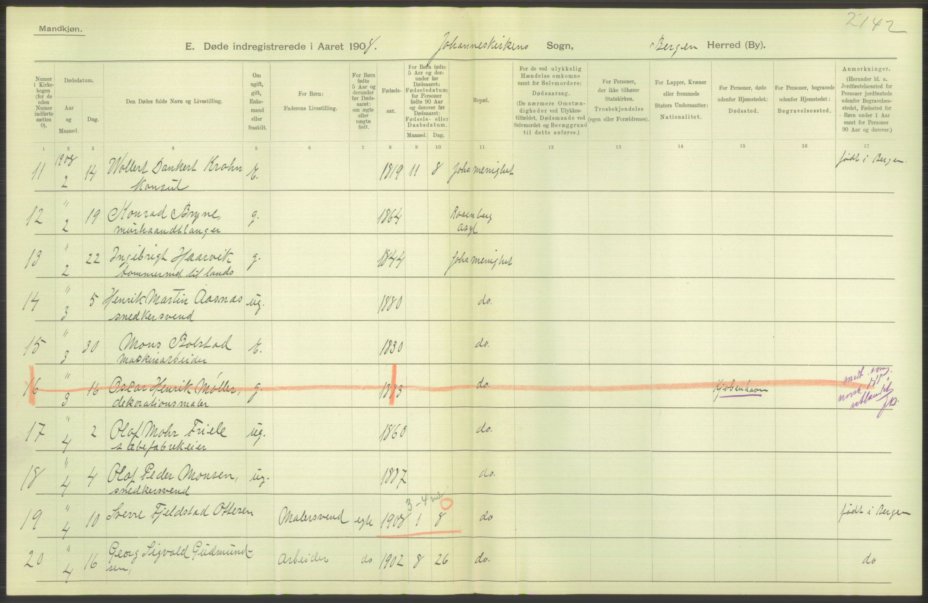 Statistisk sentralbyrå, Sosiodemografiske emner, Befolkning, AV/RA-S-2228/D/Df/Dfa/Dfaf/L0031: Bergen: Gifte, døde, dødfødte., 1908, p. 152