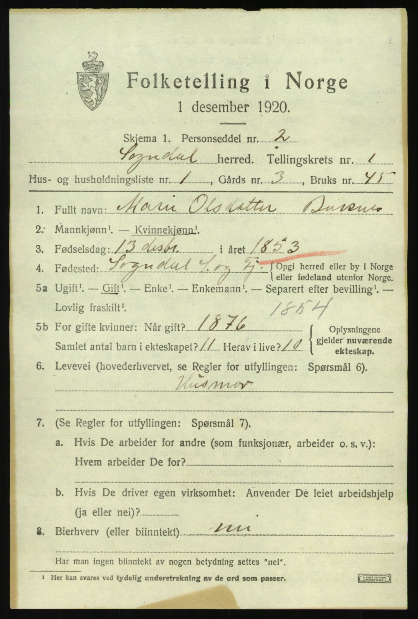 SAB, 1920 census for Sogndal, 1920, p. 1305