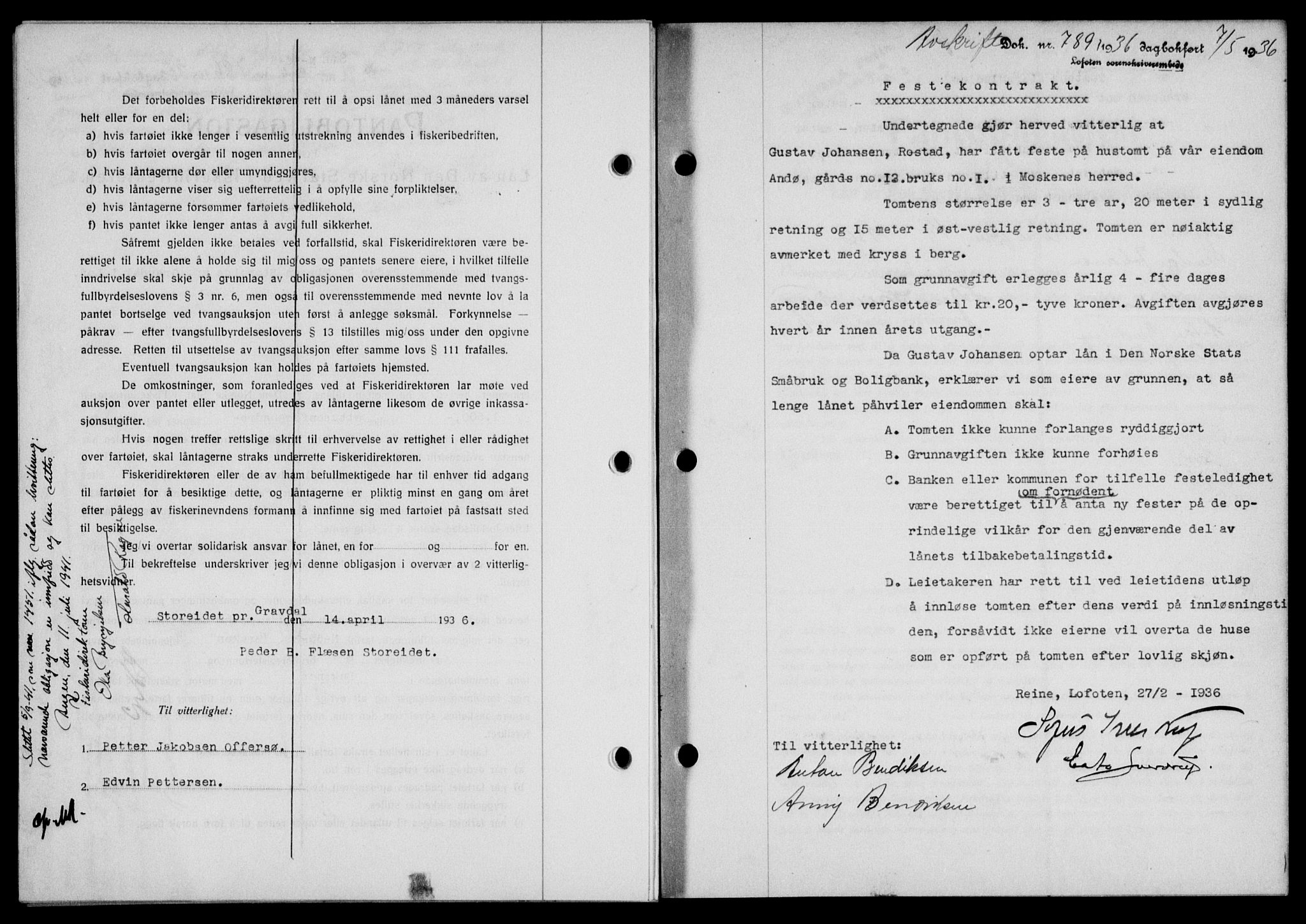 Lofoten sorenskriveri, SAT/A-0017/1/2/2C/L0033b: Mortgage book no. 33b, 1936-1936, Diary no: : 789/1936