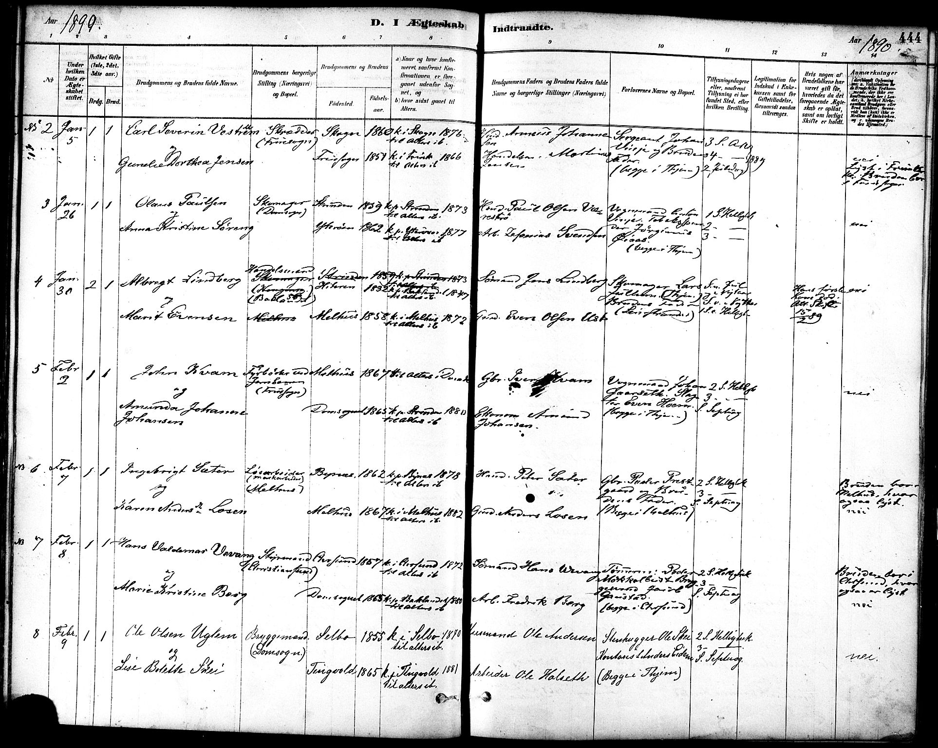 Ministerialprotokoller, klokkerbøker og fødselsregistre - Sør-Trøndelag, SAT/A-1456/601/L0058: Parish register (official) no. 601A26, 1877-1891, p. 444