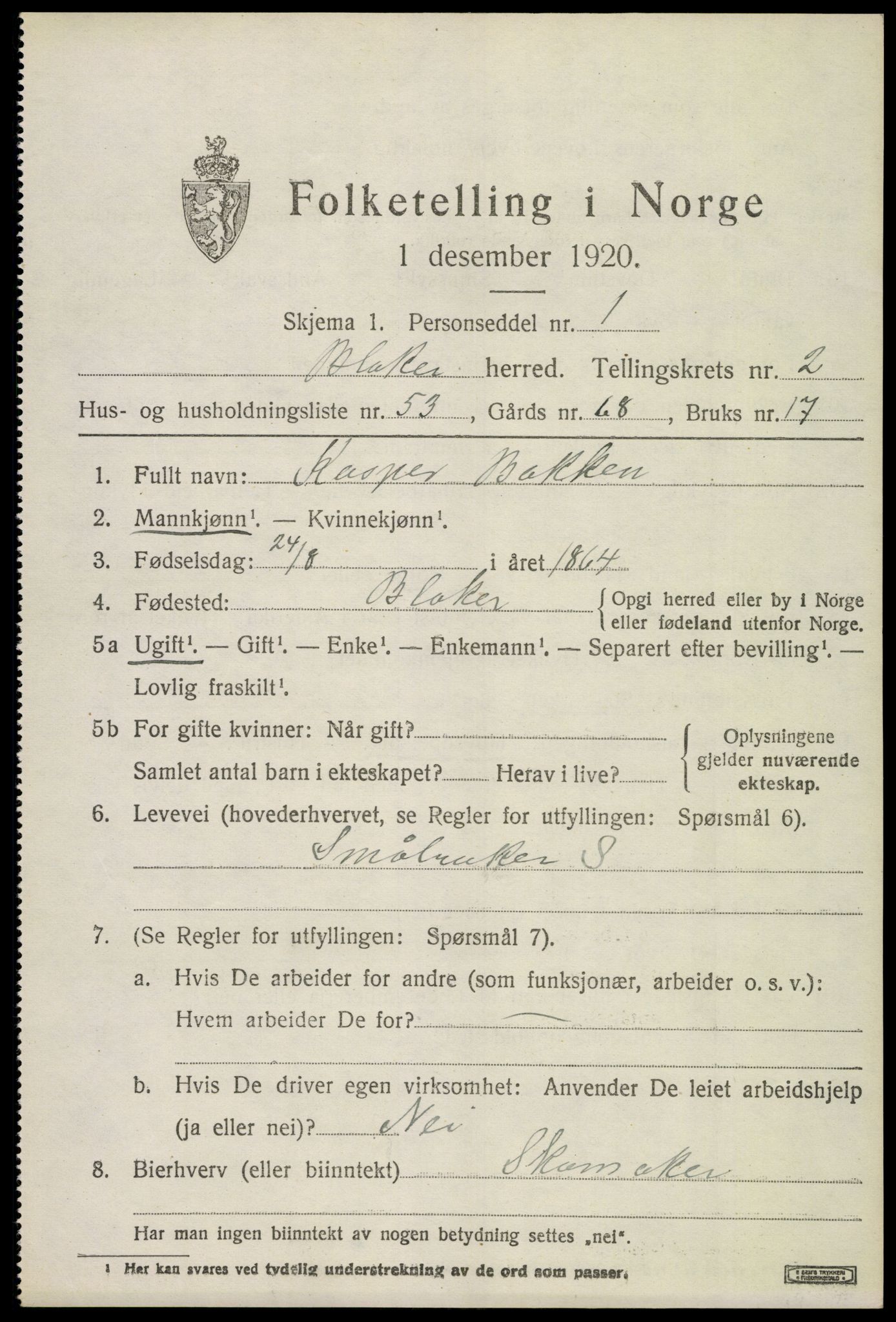 SAO, 1920 census for Blaker, 1920, p. 2031