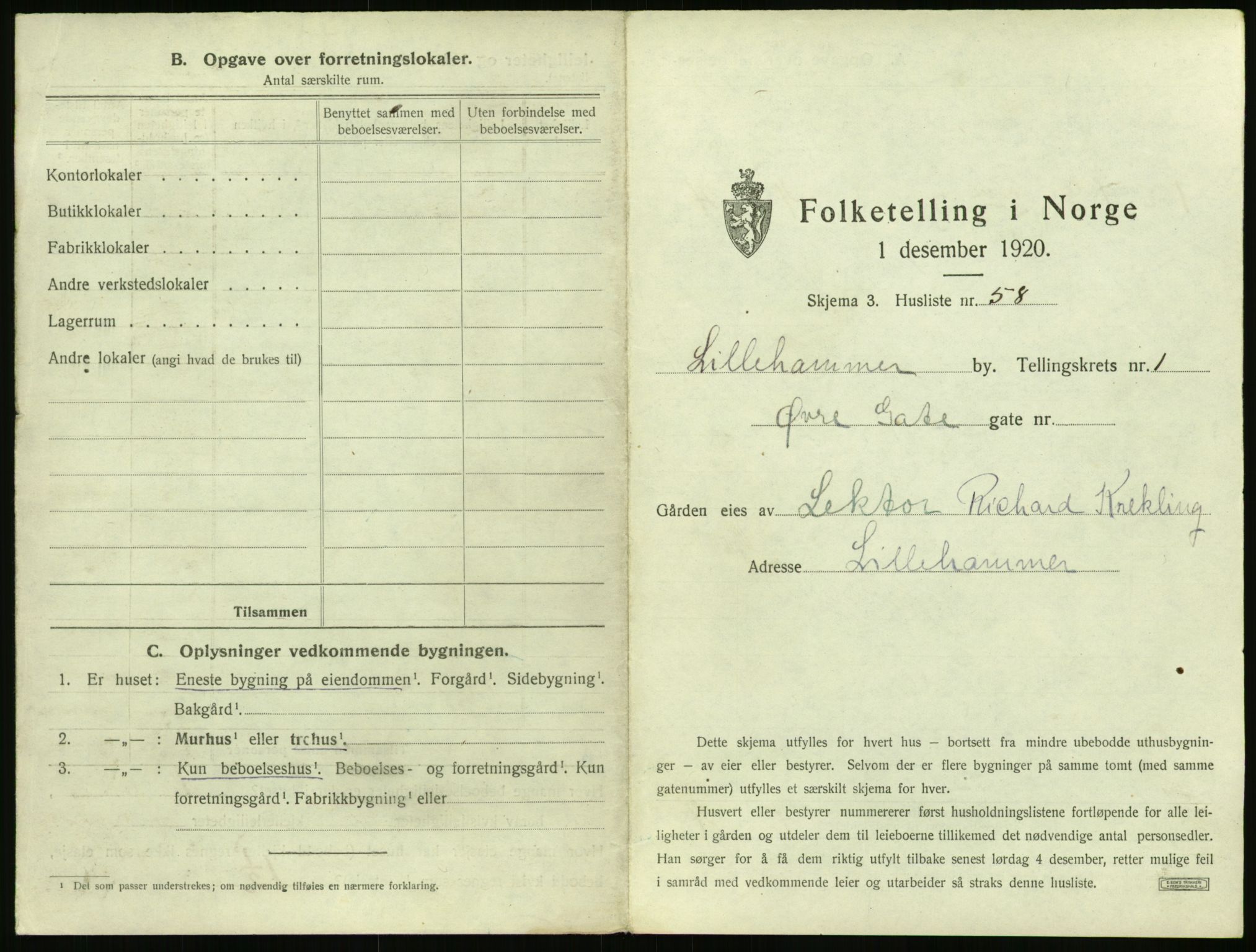 SAH, 1920 census for Lillehammer, 1920, p. 158