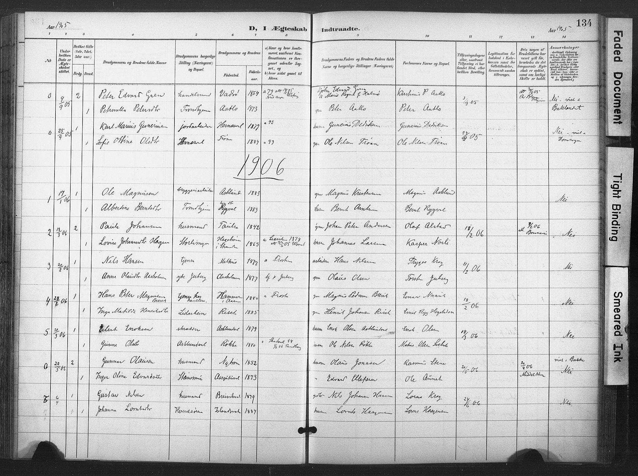 Ministerialprotokoller, klokkerbøker og fødselsregistre - Nord-Trøndelag, SAT/A-1458/713/L0122: Parish register (official) no. 713A11, 1899-1910, p. 134