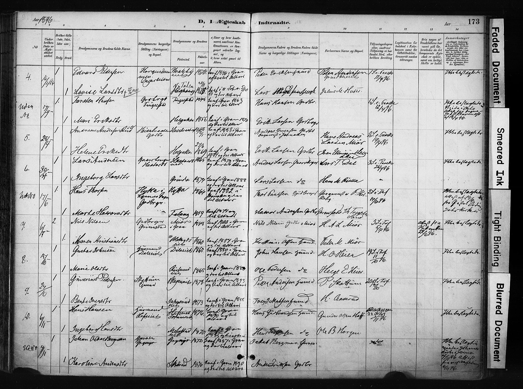 Gran prestekontor, SAH/PREST-112/H/Ha/Haa/L0017: Parish register (official) no. 17, 1889-1897, p. 173