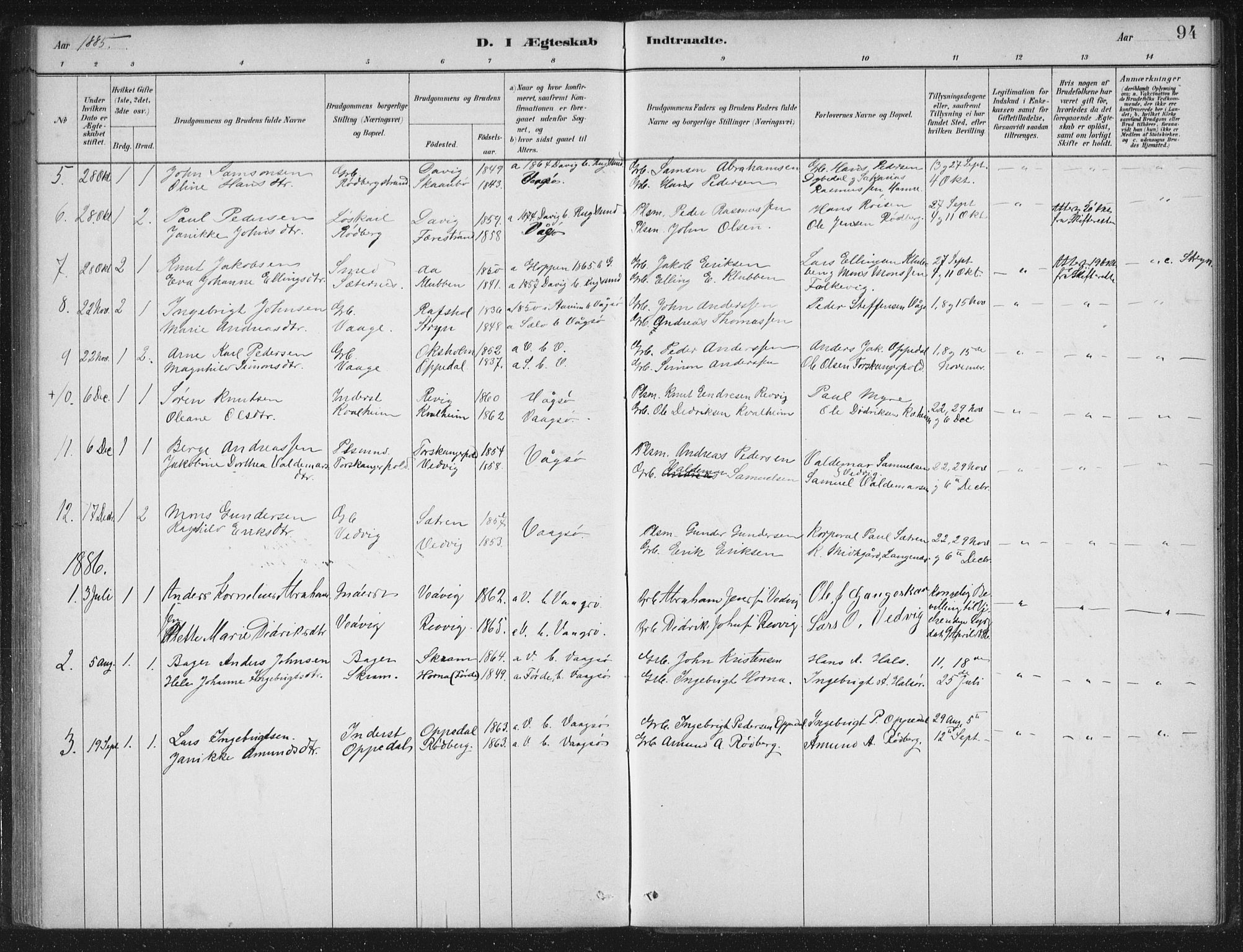 Selje sokneprestembete, SAB/A-99938/H/Ha/Haa/Haac/L0001: Parish register (official) no. C  1, 1881-1888, p. 94