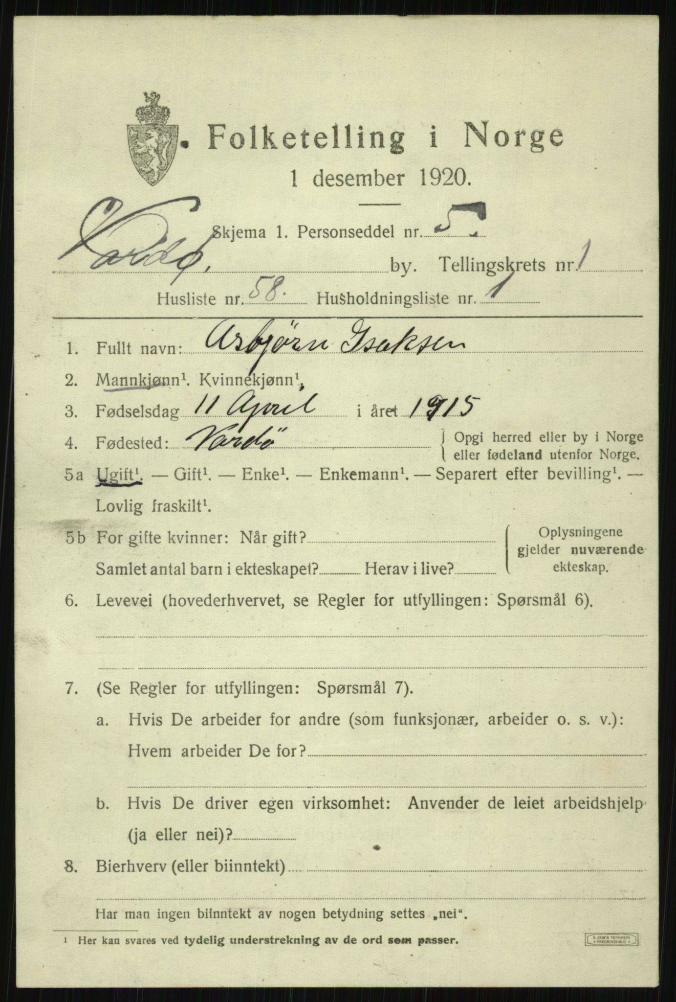 SATØ, 1920 census for Vardø, 1920, p. 3534