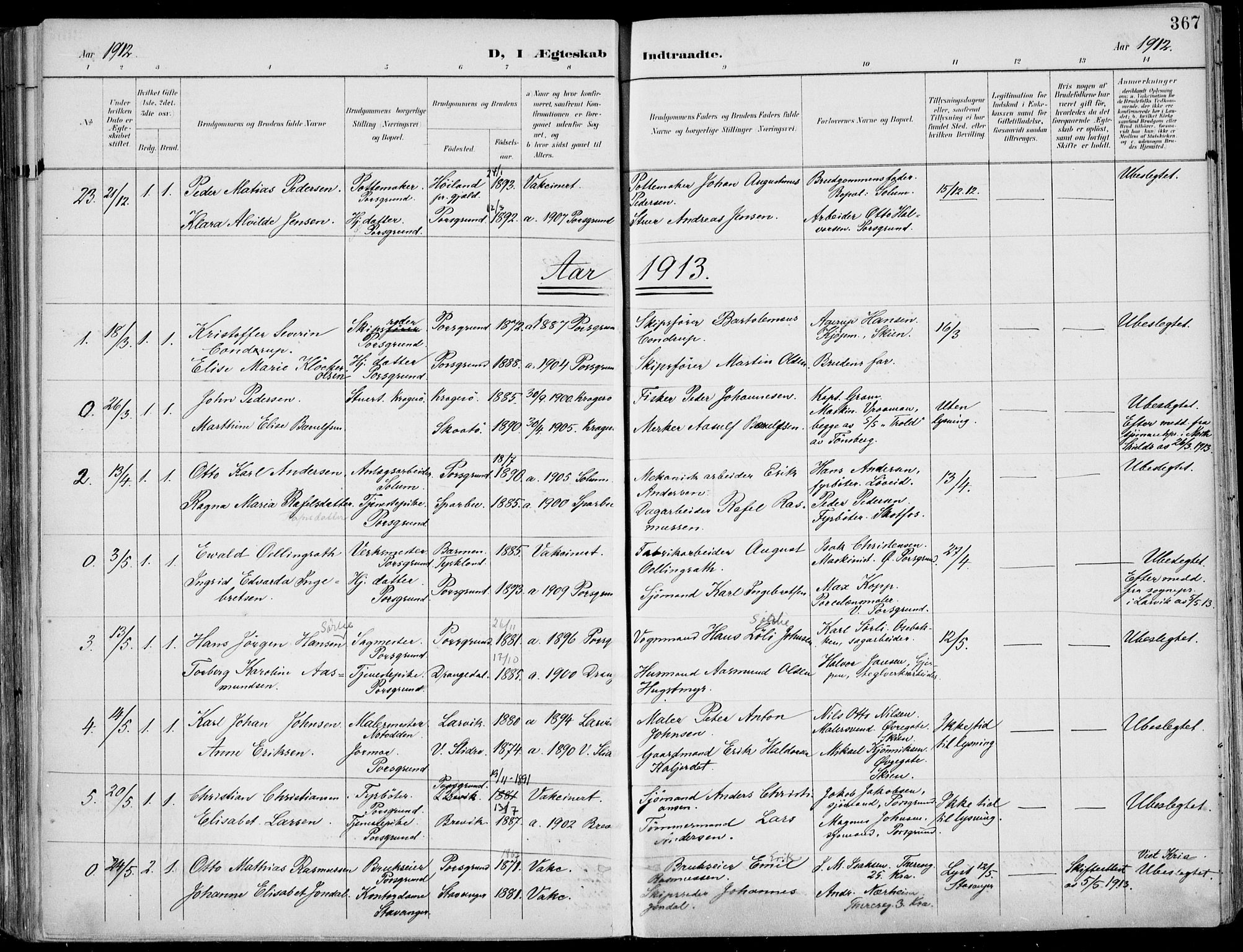 Porsgrunn kirkebøker , AV/SAKO-A-104/F/Fa/L0011: Parish register (official) no. 11, 1895-1919, p. 367