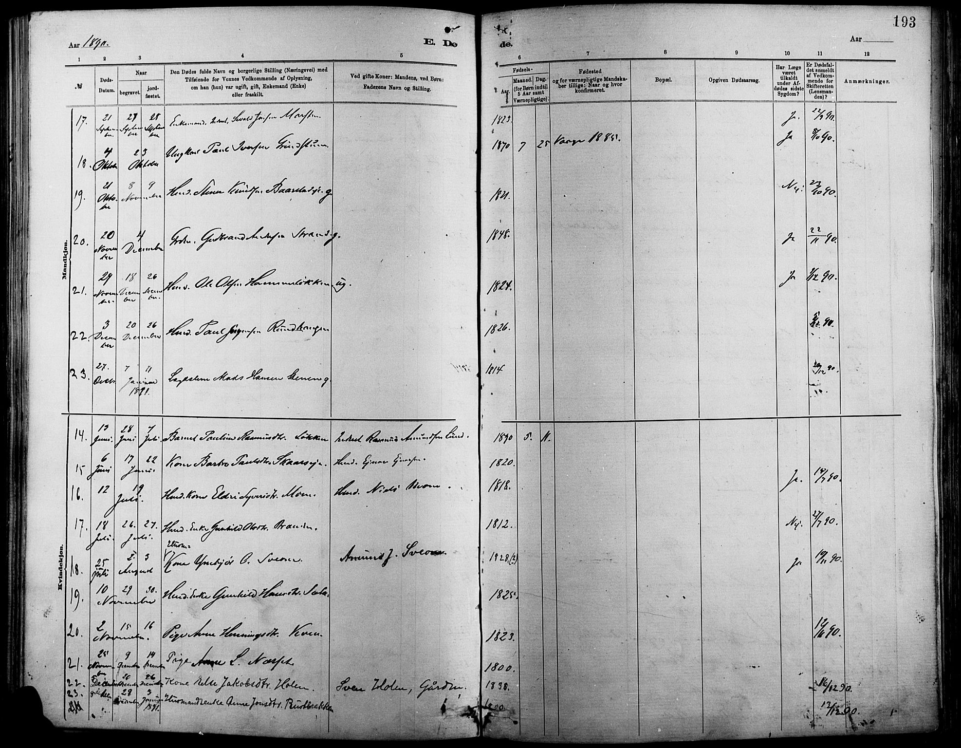 Vågå prestekontor, SAH/PREST-076/H/Ha/Haa/L0009: Parish register (official) no. 9, 1886-1904, p. 193