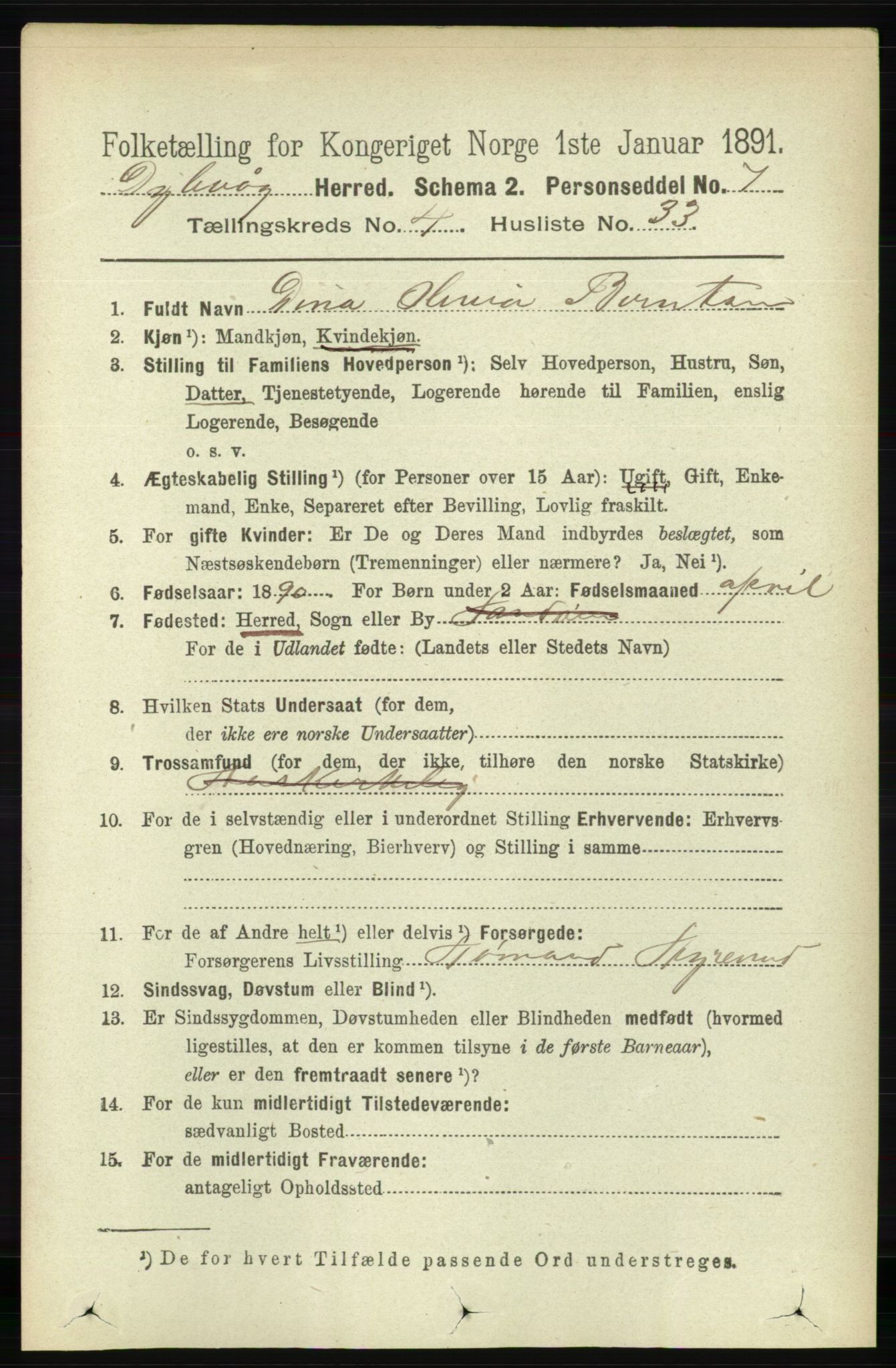 RA, 1891 census for 0915 Dypvåg, 1891, p. 1224