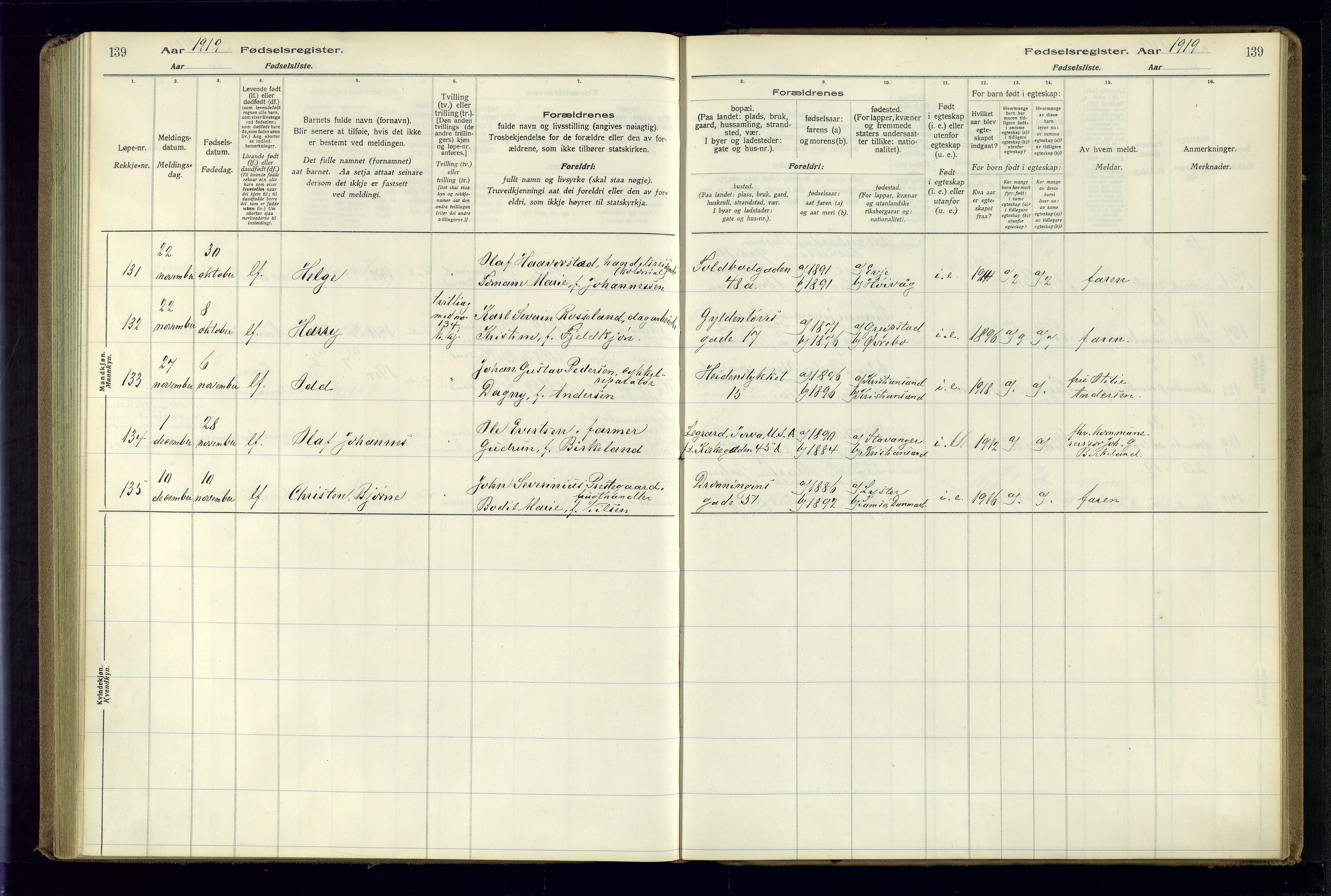 Kristiansand domprosti, AV/SAK-1112-0006/J/Jc/L0001: Birth register no. A-VI-45, 1916-1921, p. 139