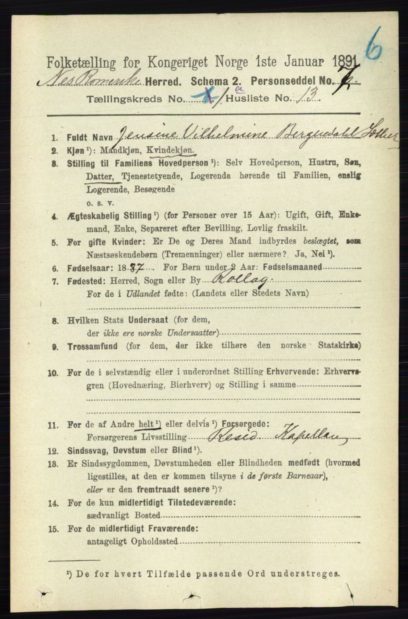 RA, 1891 census for 0236 Nes, 1891, p. 192