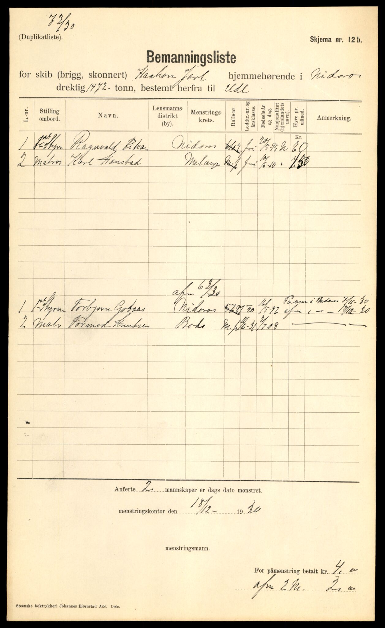 Trondheim sjømannskontor, AV/SAT-A-4709/1/G/L0001: Bemanningslister, 1930-1937, p. 17