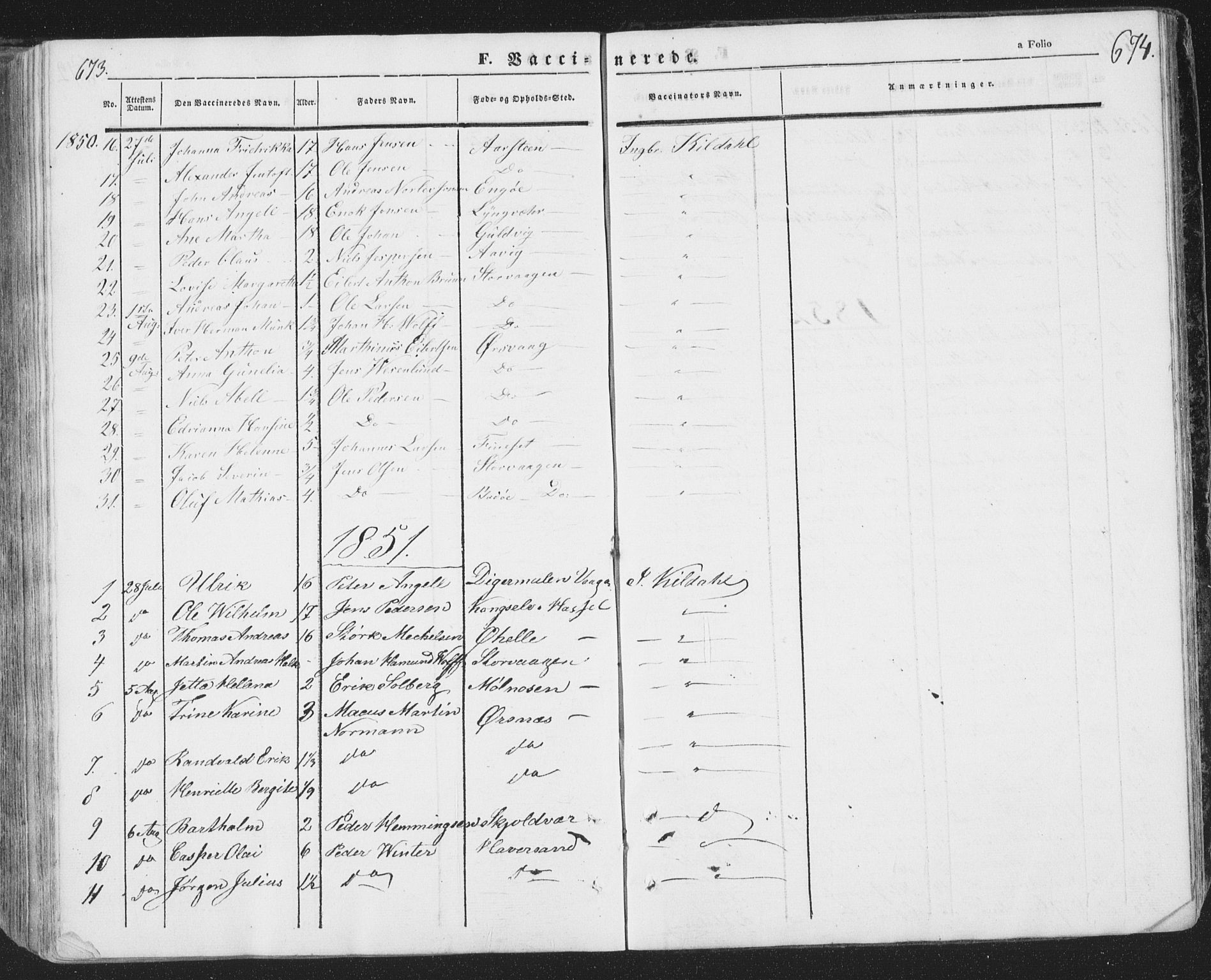 Ministerialprotokoller, klokkerbøker og fødselsregistre - Nordland, SAT/A-1459/874/L1072: Parish register (copy) no. 874C01, 1843-1859, p. 673-674
