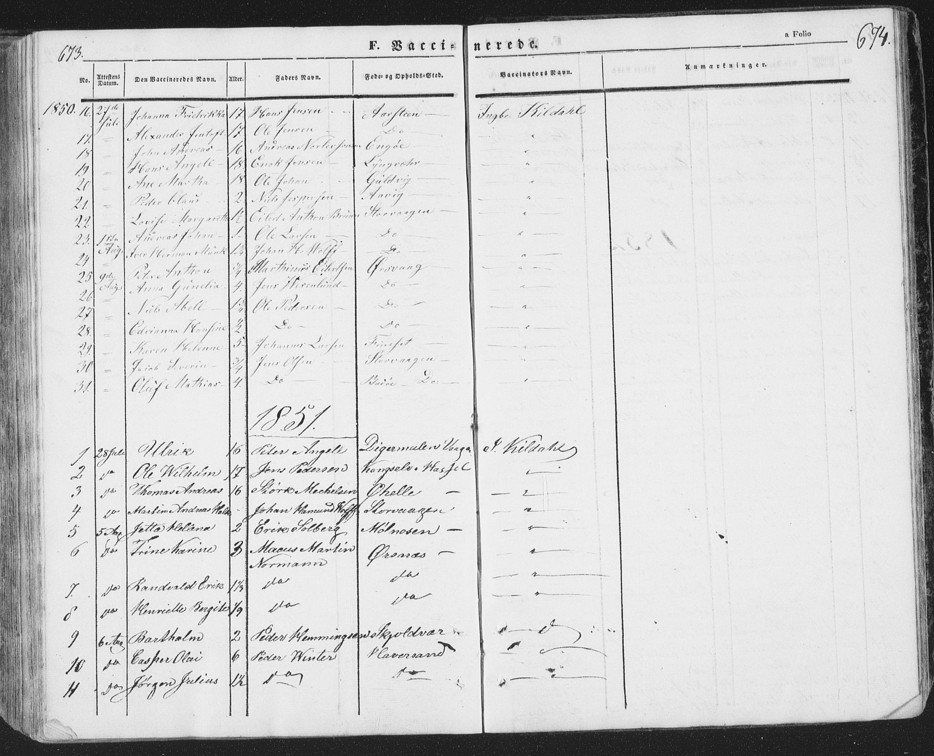 Ministerialprotokoller, klokkerbøker og fødselsregistre - Nordland, AV/SAT-A-1459/874/L1072: Parish register (copy) no. 874C01, 1843-1859, p. 673-674