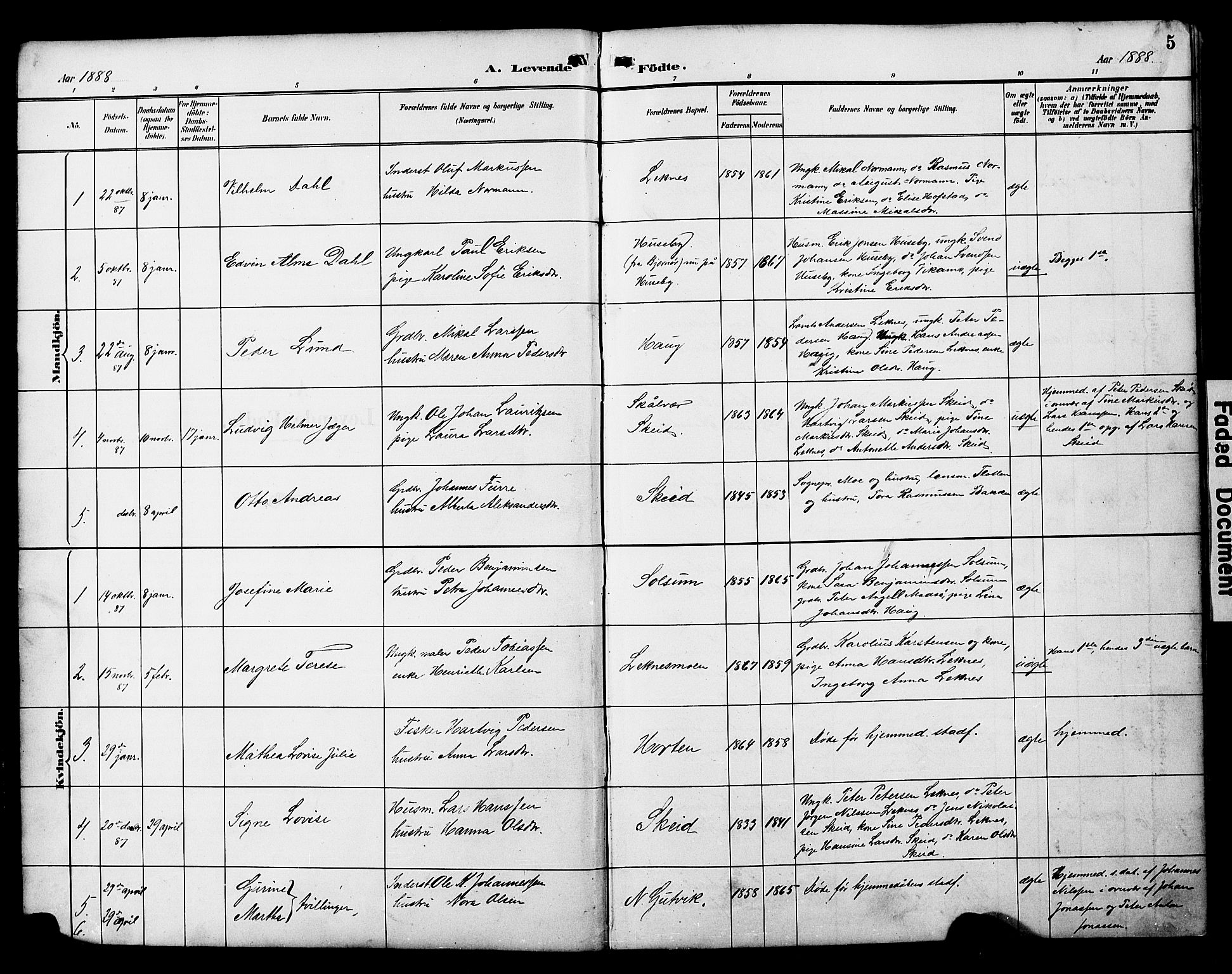 Ministerialprotokoller, klokkerbøker og fødselsregistre - Nord-Trøndelag, AV/SAT-A-1458/788/L0701: Parish register (copy) no. 788C01, 1888-1913, p. 5