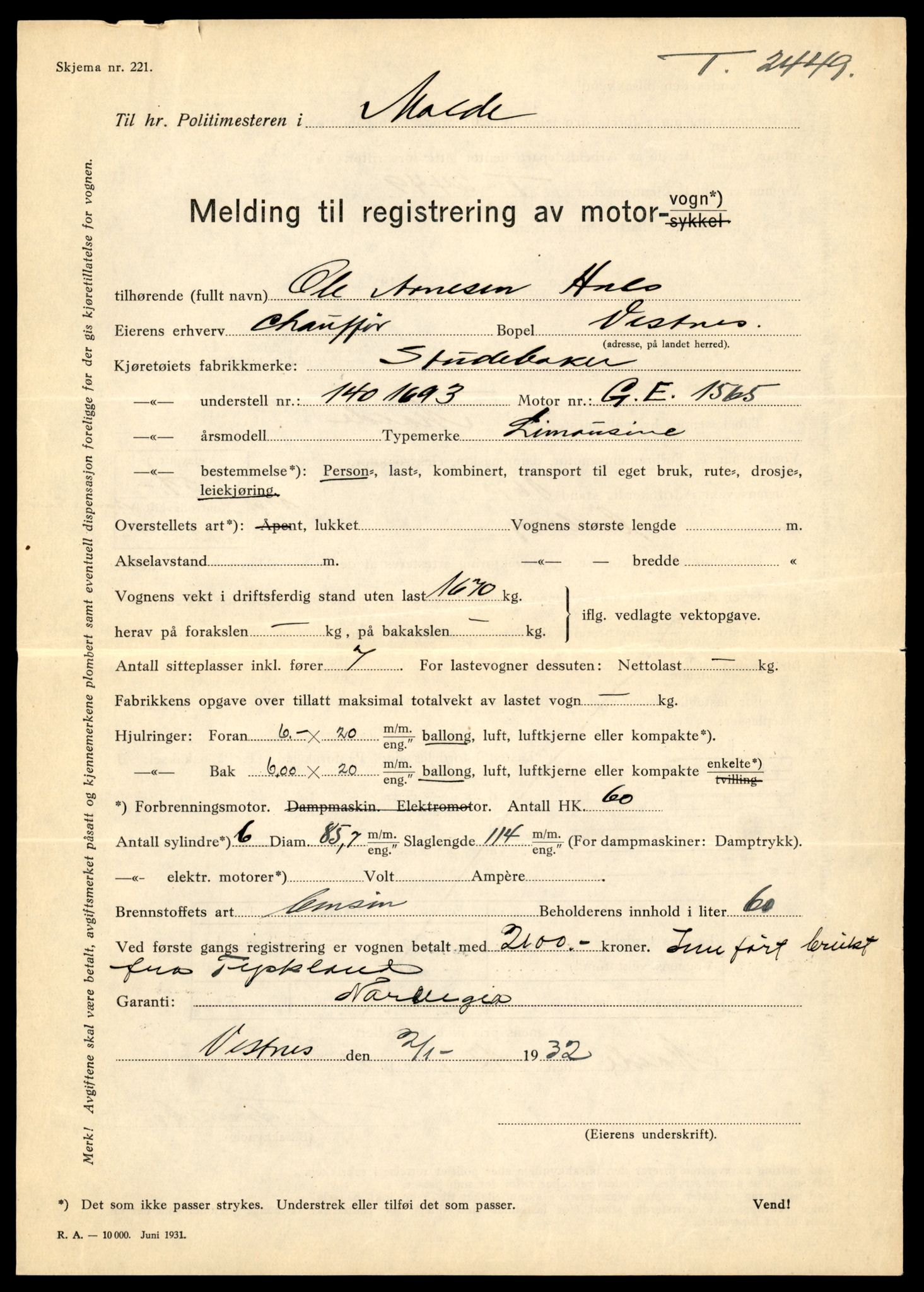 Møre og Romsdal vegkontor - Ålesund trafikkstasjon, SAT/A-4099/F/Fe/L0014: Registreringskort for kjøretøy T 1565 - T 1698, 1927-1998, p. 1326