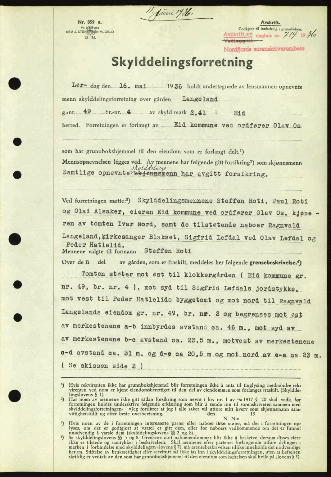 Nordfjord sorenskriveri, AV/SAB-A-2801/02/02b/02bj/L0001: Mortgage book no. A1, 1936-1937, Diary no: : 714/1936