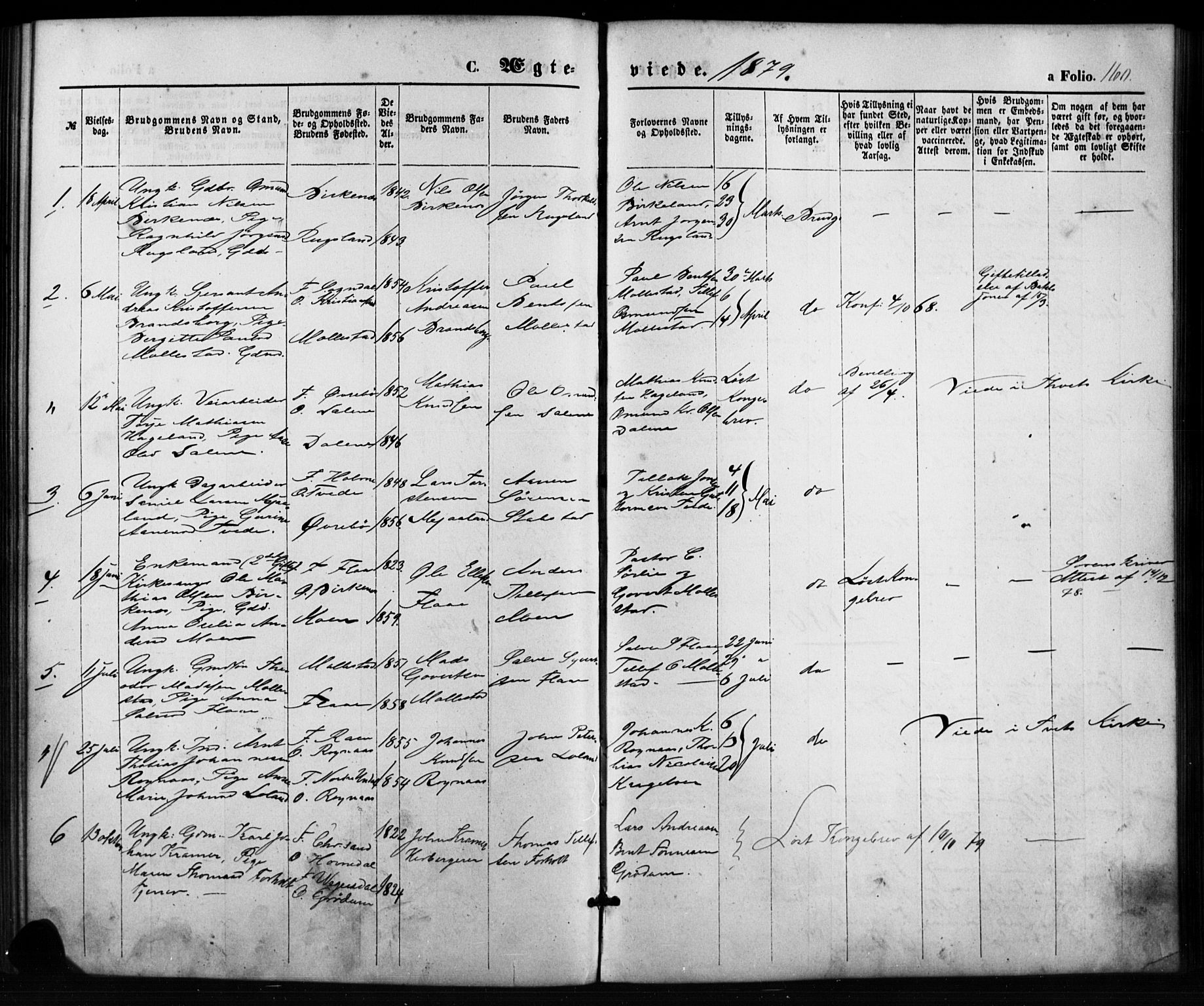 Birkenes sokneprestkontor, SAK/1111-0004/F/Fb/L0003: Parish register (copy) no. B 3, 1876-1892, p. 160
