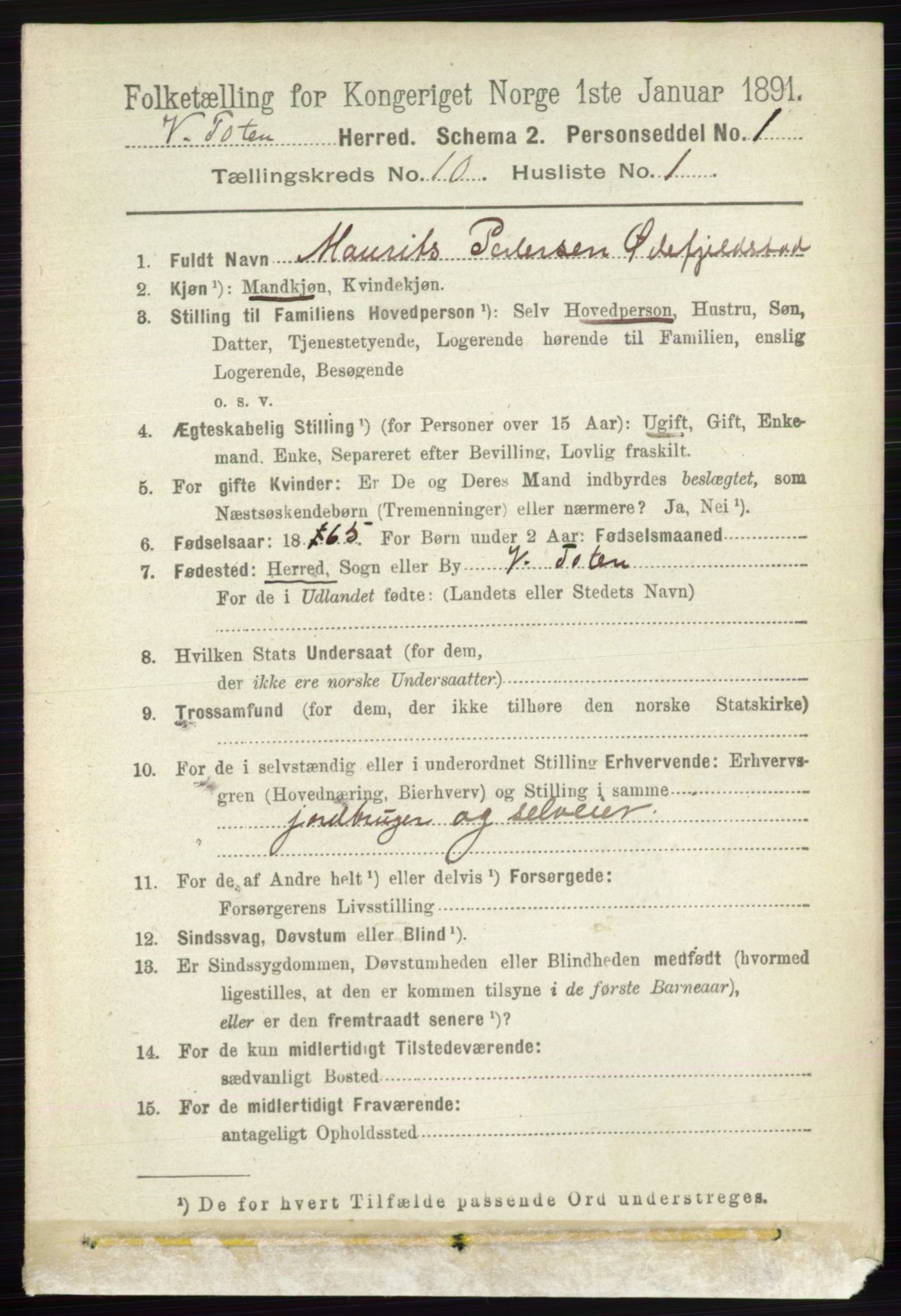 RA, 1891 census for 0529 Vestre Toten, 1891, p. 6185