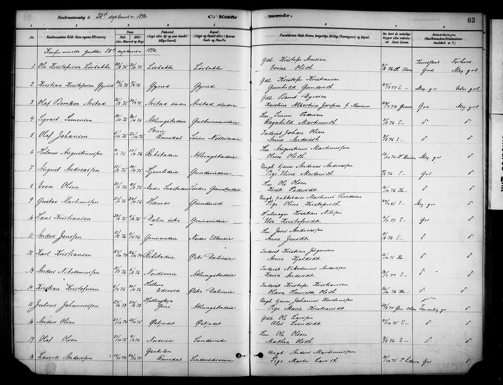 Stange prestekontor, SAH/PREST-002/K/L0019: Parish register (official) no. 19, 1880-1891, p. 93
