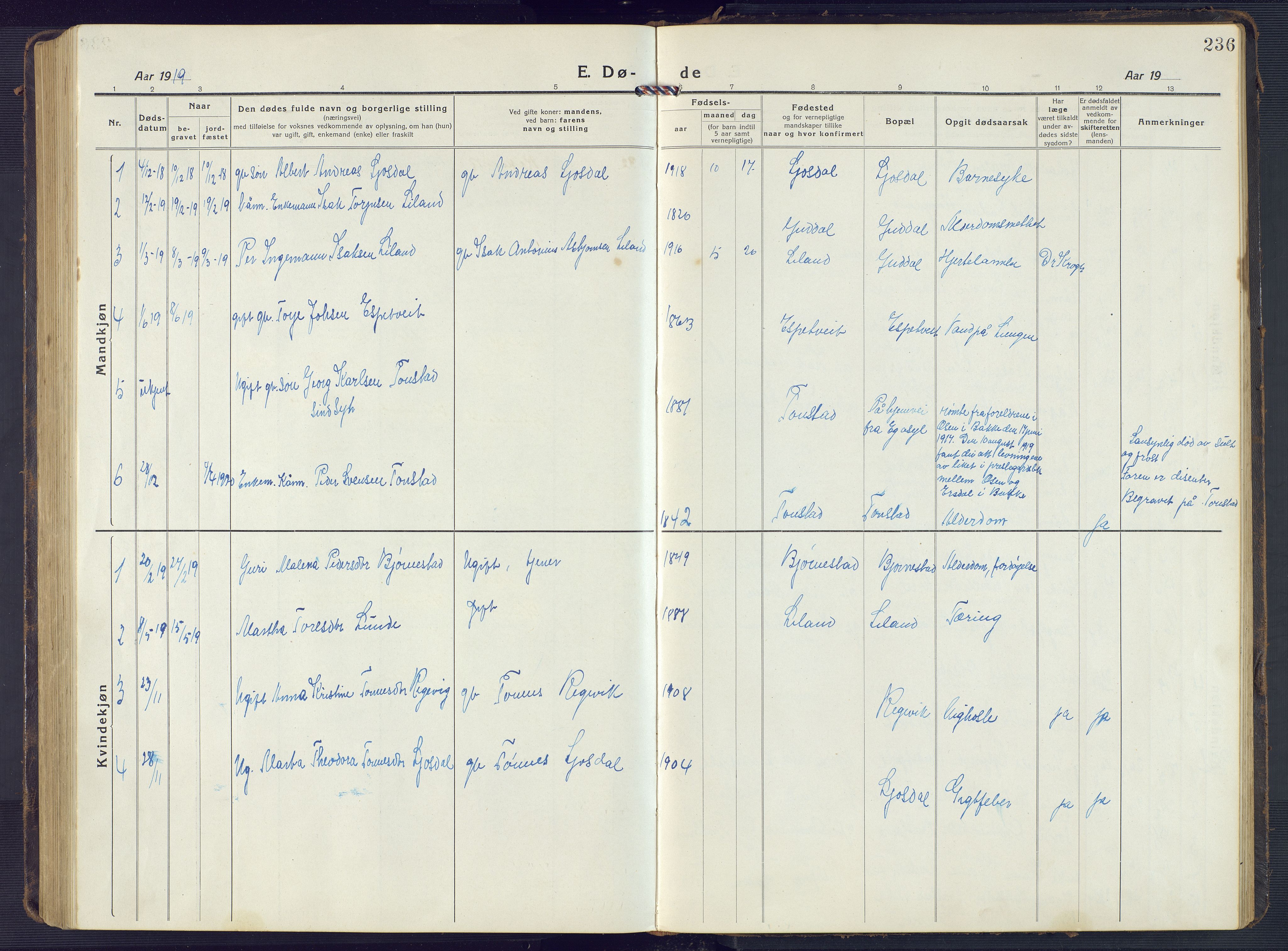 Sirdal sokneprestkontor, SAK/1111-0036/F/Fb/Fbb/L0005: Parish register (copy) no. B 5, 1916-1960, p. 236