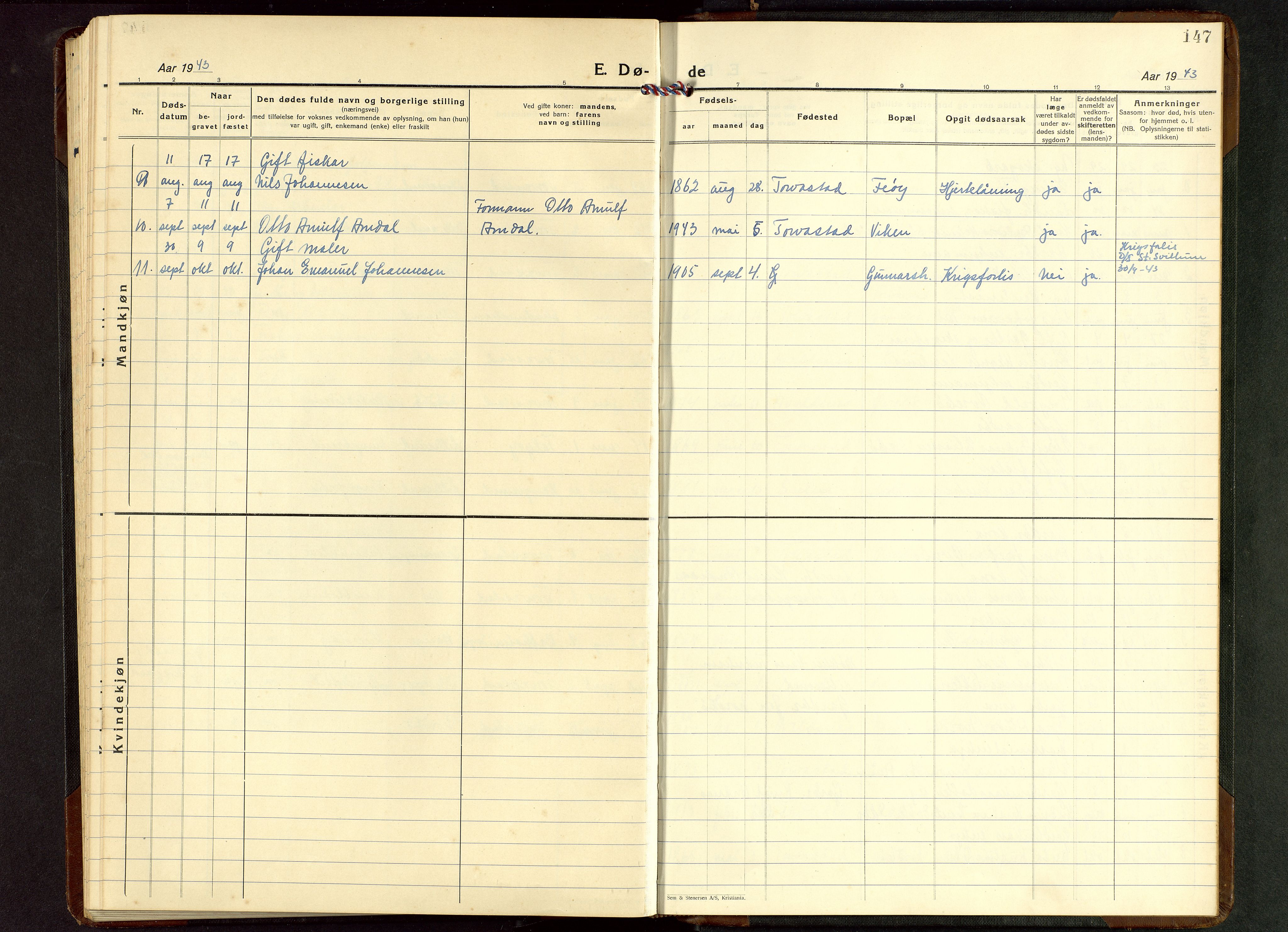 Torvastad sokneprestkontor, AV/SAST-A -101857/H/Ha/Hab/L0009: Parish register (copy) no. B 9, 1924-1949, p. 147