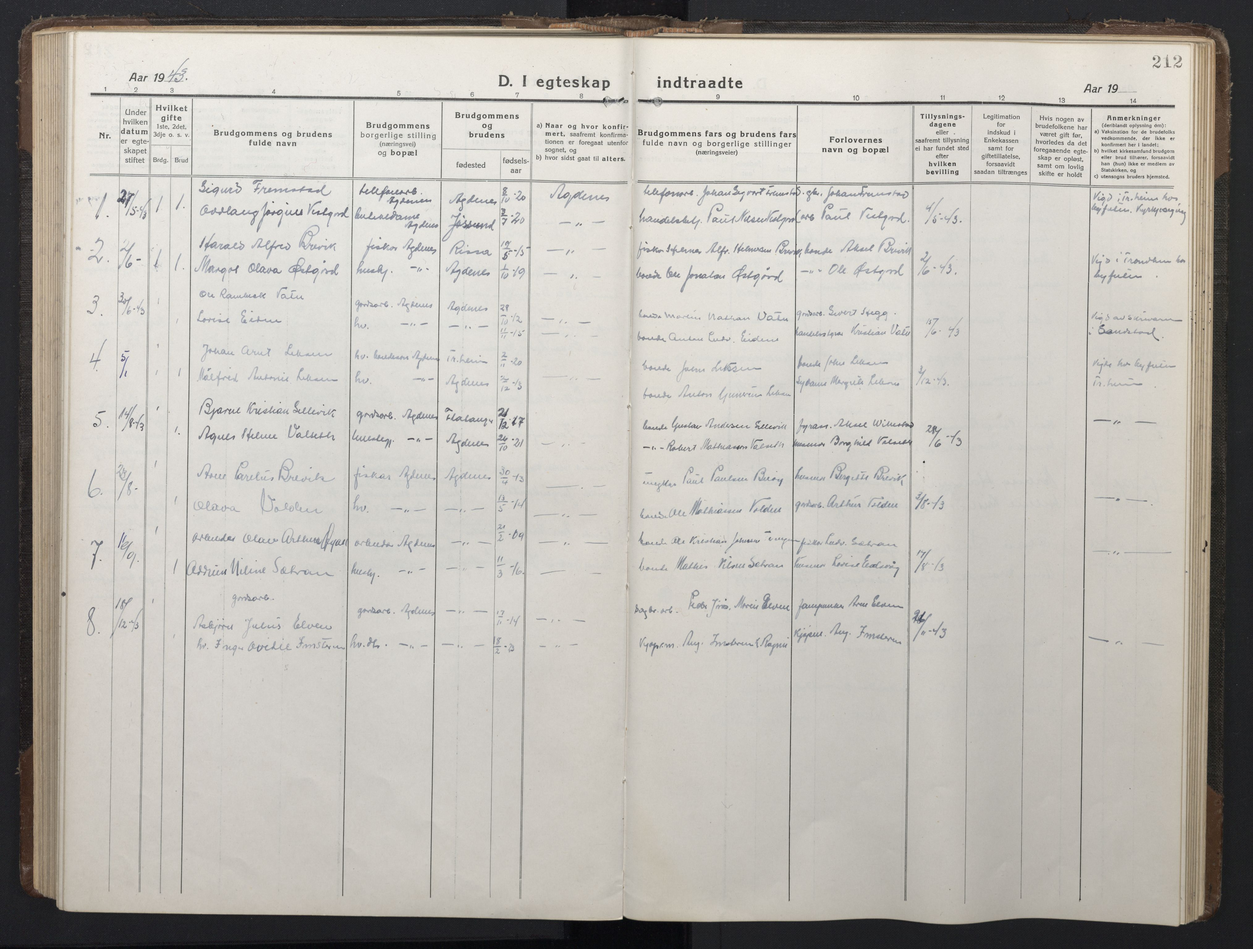 Ministerialprotokoller, klokkerbøker og fødselsregistre - Sør-Trøndelag, AV/SAT-A-1456/662/L0758: Parish register (copy) no. 662C03, 1918-1948, p. 212