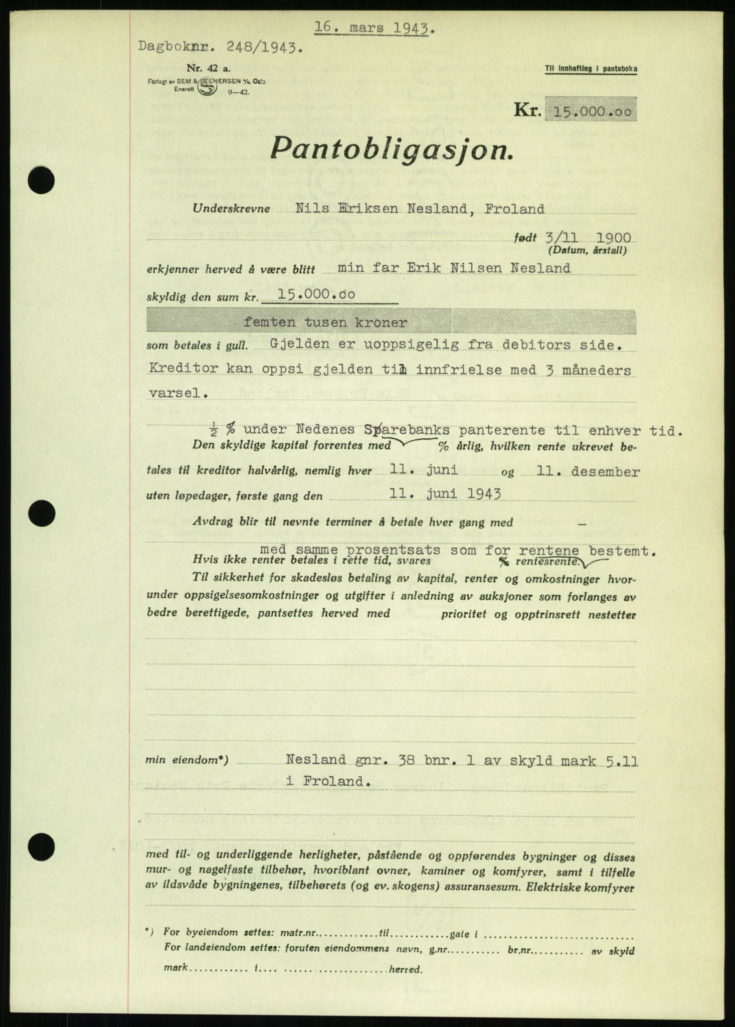 Nedenes sorenskriveri, AV/SAK-1221-0006/G/Gb/Gbb/L0002: Mortgage book no. II, 1942-1945, Diary no: : 248/1943