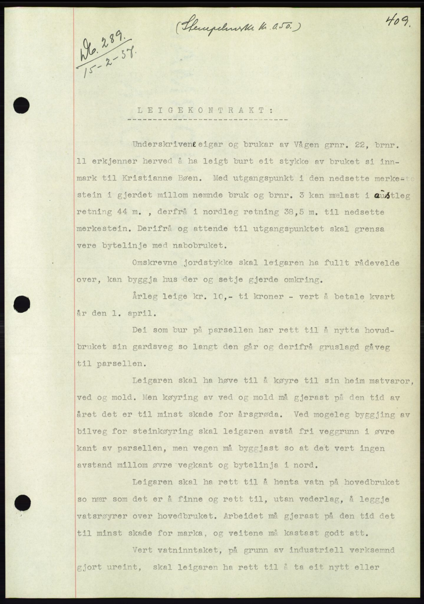 Søre Sunnmøre sorenskriveri, SAT/A-4122/1/2/2C/L0062: Mortgage book no. 56, 1936-1937, Diary no: : 289/1937