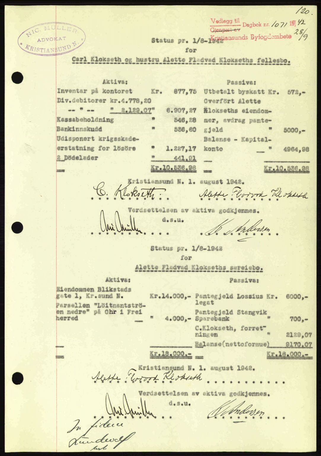 Kristiansund byfogd, SAT/A-4587/A/27: Mortgage book no. 36, 1942-1943, Diary no: : 1071/1942