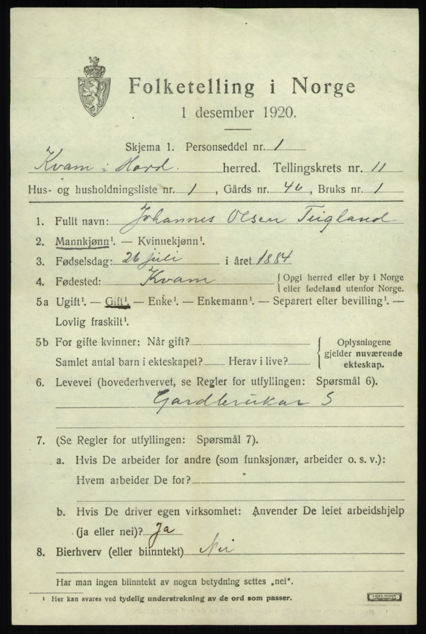 SAB, 1920 census for Kvam, 1920, p. 7025