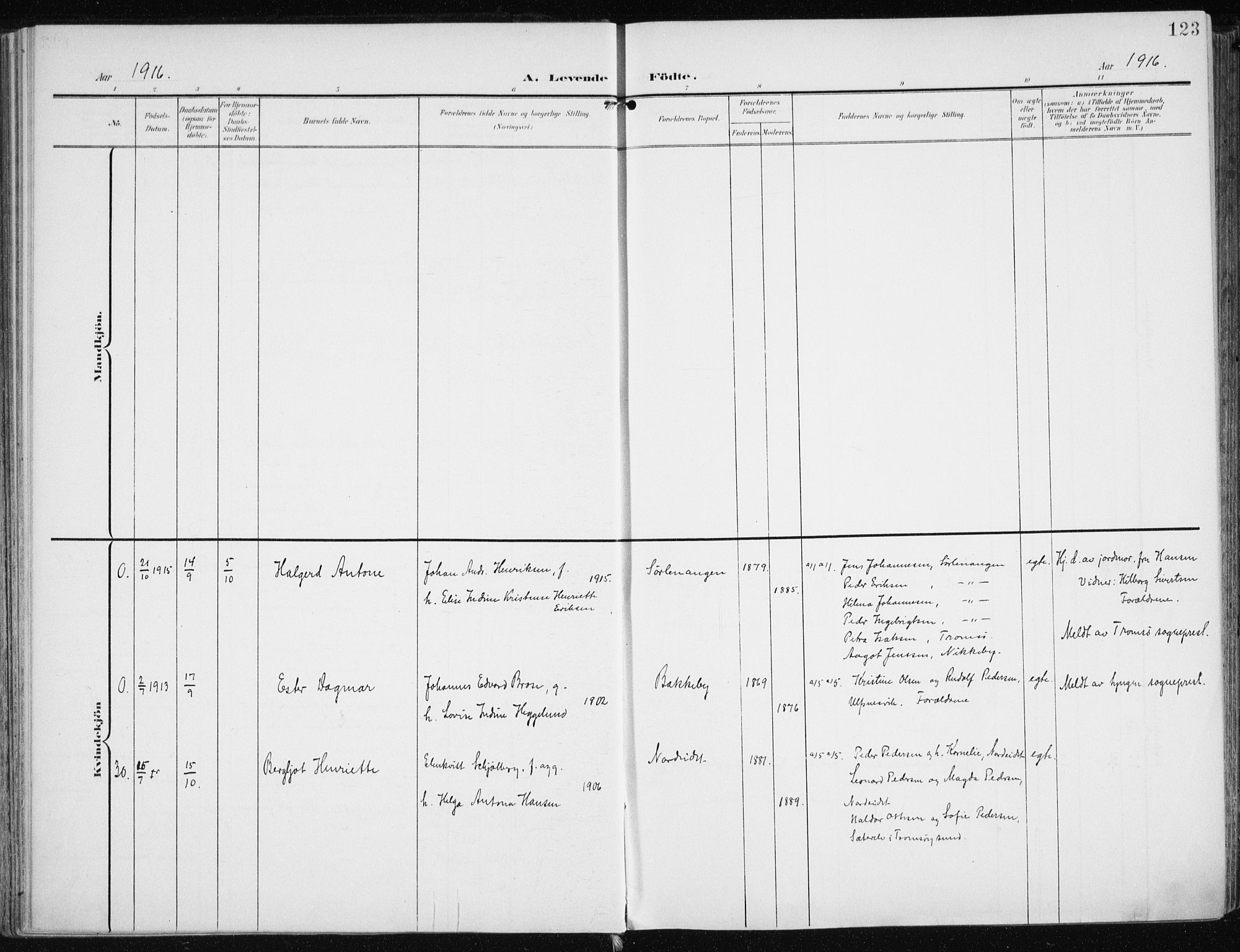 Karlsøy sokneprestembete, AV/SATØ-S-1299/H/Ha/Haa/L0014kirke: Parish register (official) no. 14, 1903-1917, p. 123