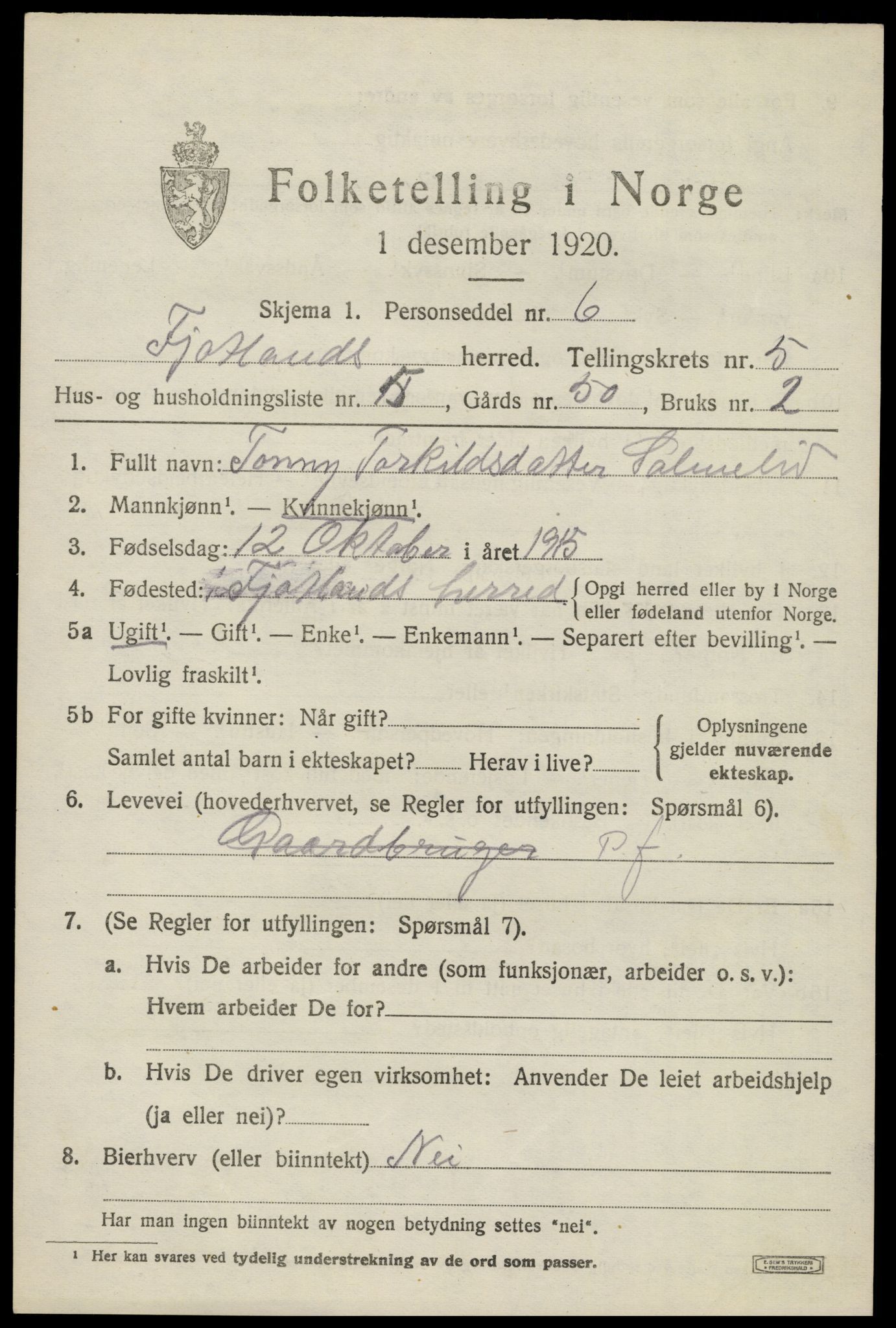 SAK, 1920 census for Fjotland, 1920, p. 1582