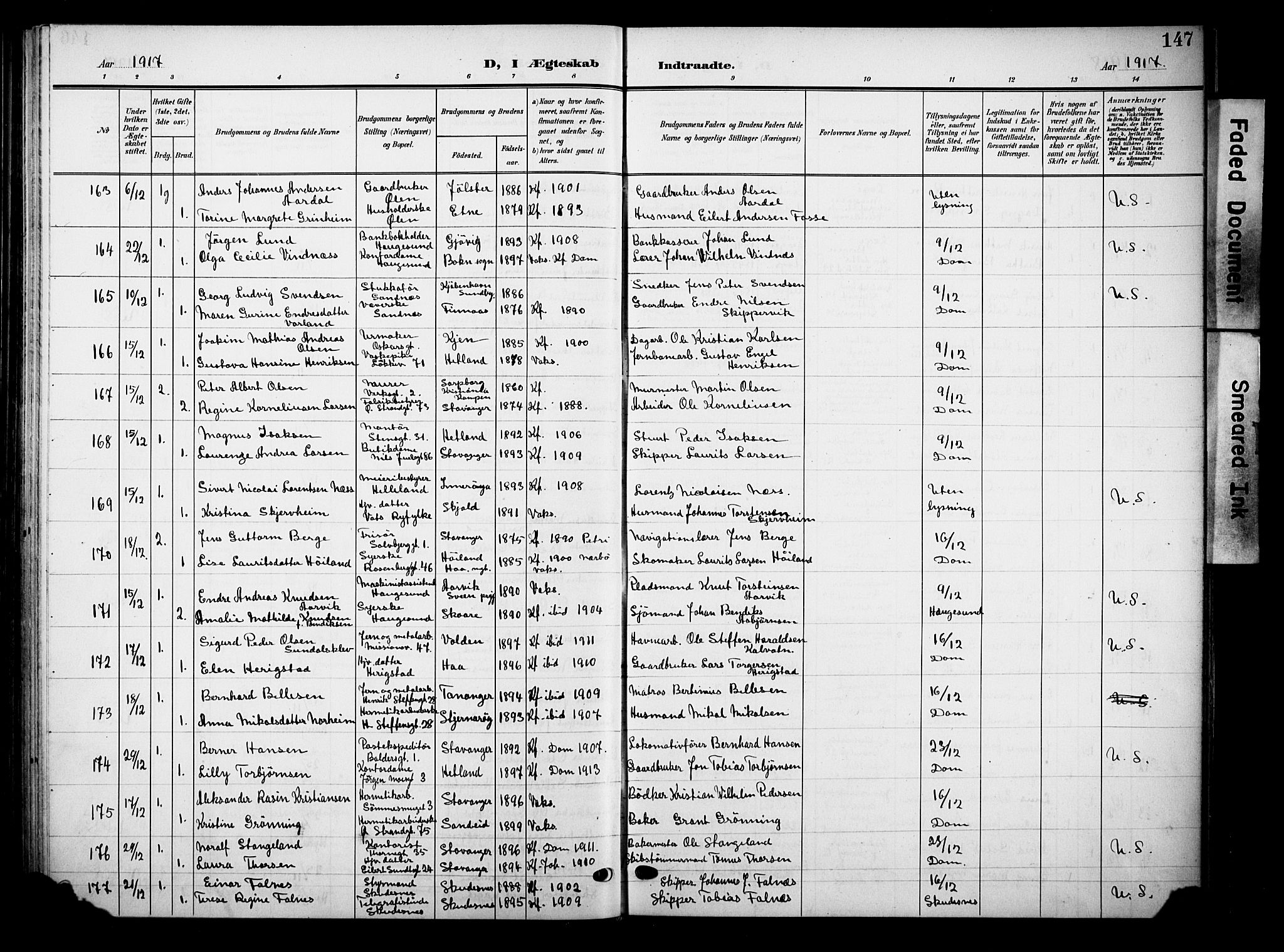 Domkirken sokneprestkontor, AV/SAST-A-101812/001/30/30BB/L0017: Parish register (copy) no. B 17, 1902-1921, p. 147