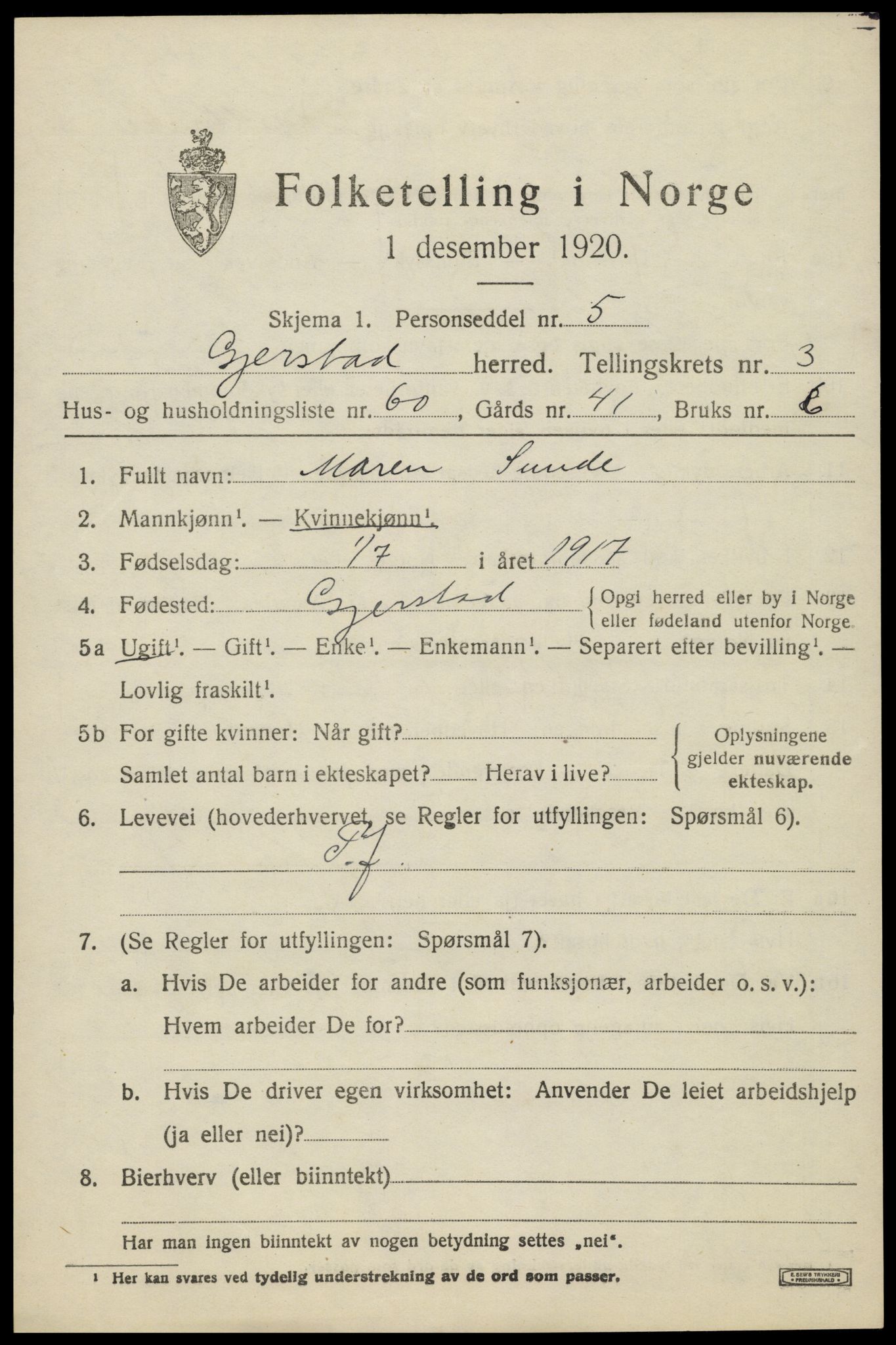 SAK, 1920 census for Gjerstad, 1920, p. 2701