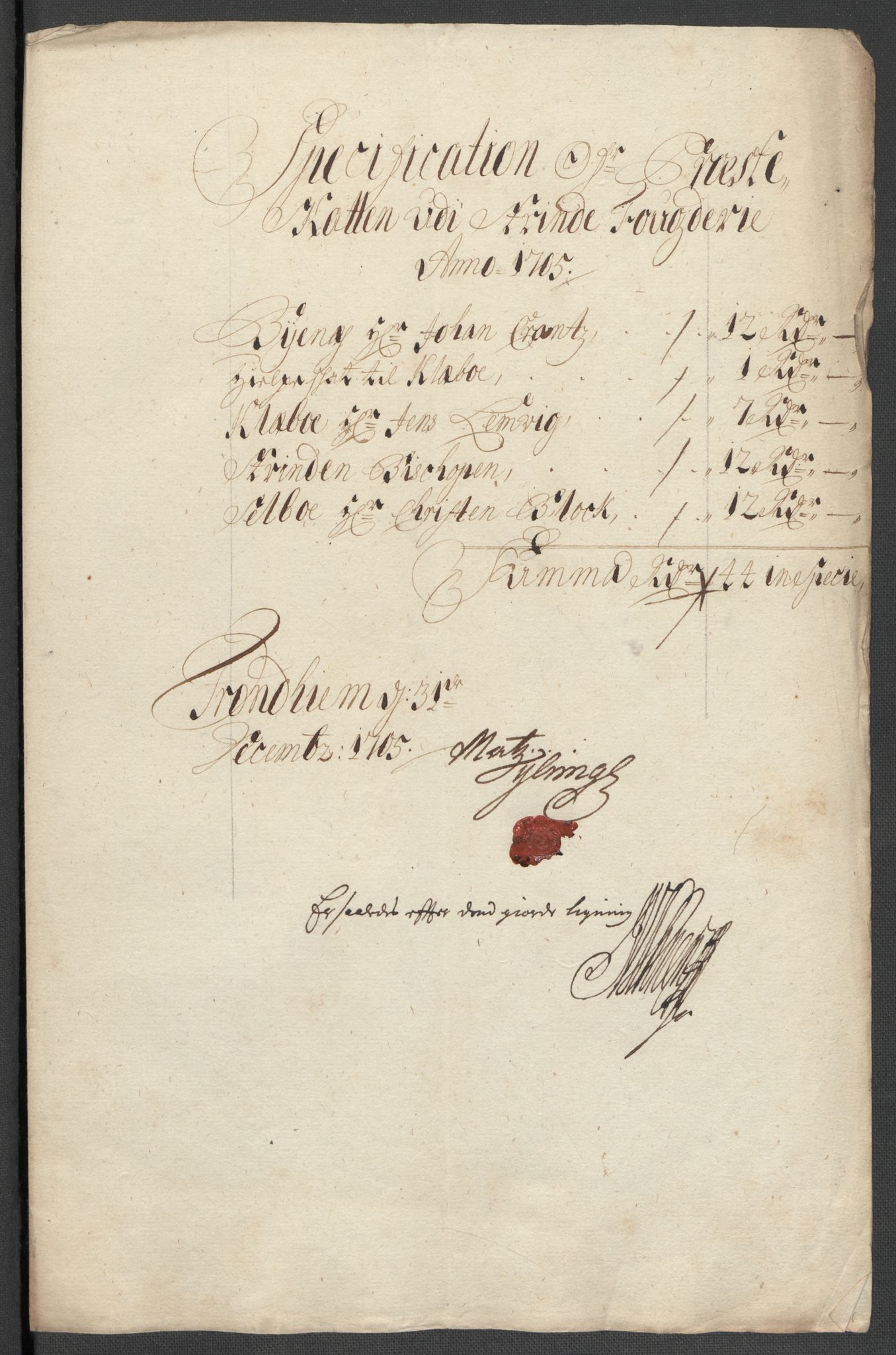 Rentekammeret inntil 1814, Reviderte regnskaper, Fogderegnskap, AV/RA-EA-4092/R61/L4109: Fogderegnskap Strinda og Selbu, 1704-1706, p. 365