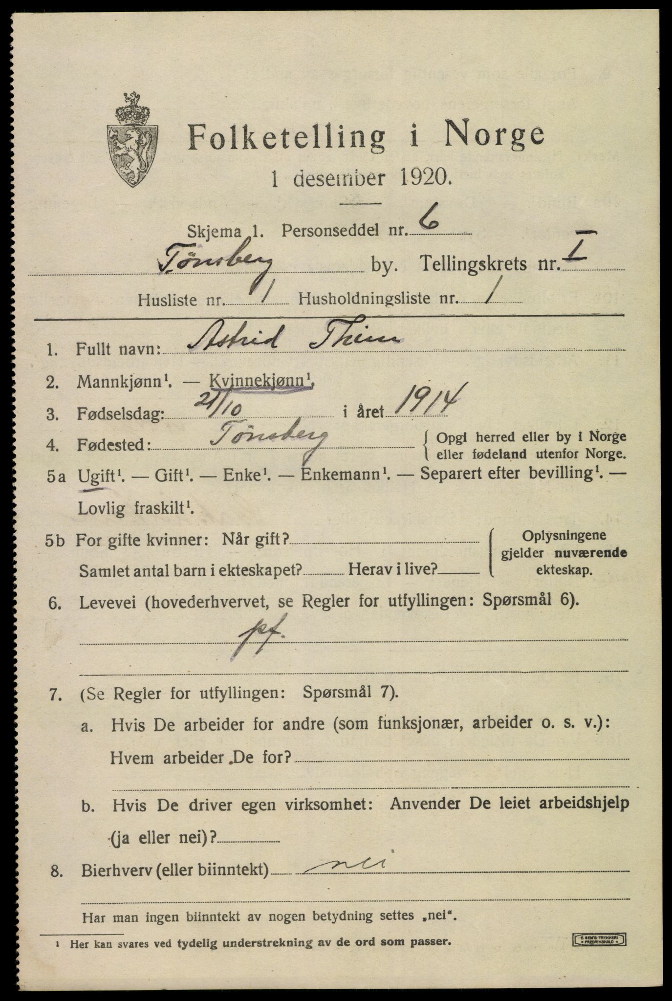 SAKO, 1920 census for Tønsberg, 1920, p. 8747